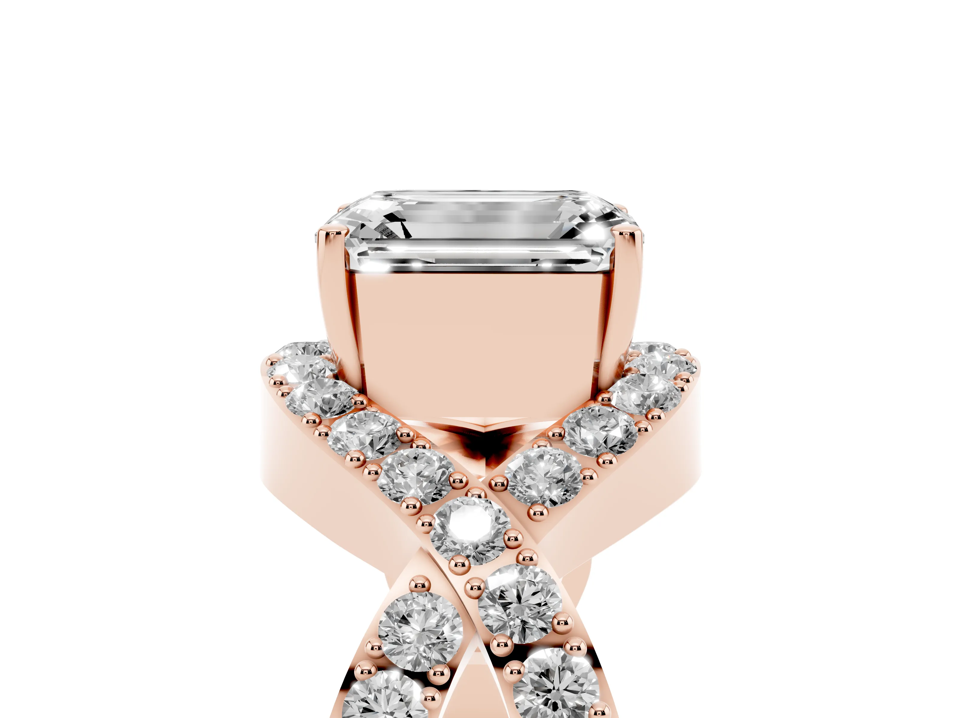 Emerald Cut Diamond Solitaire Twist Band Pavé Engagement Ring Set in Rose gold