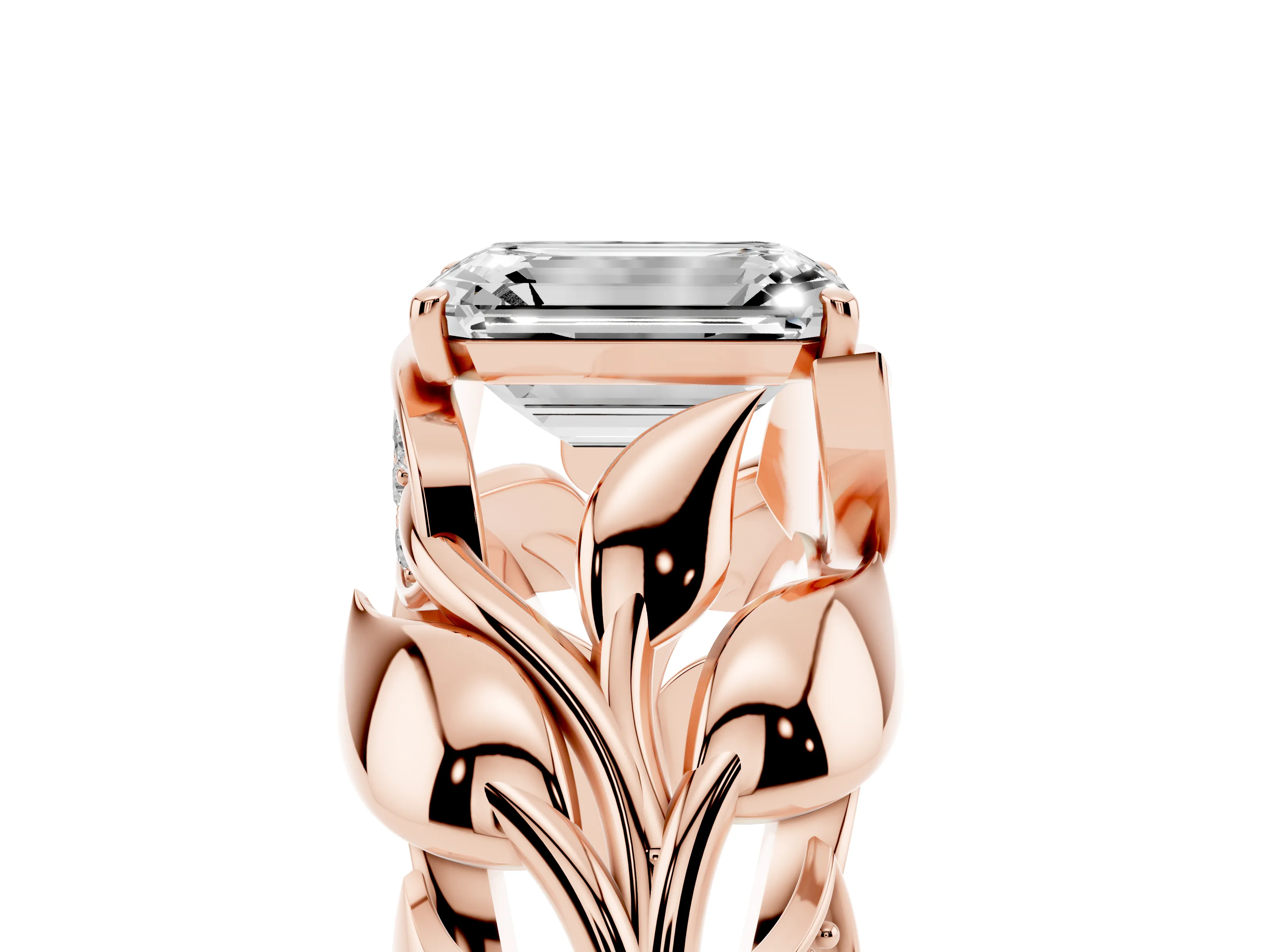 Emerald Cut Diamond Leaf-Inspired Engagement Ring Set in Rose gold with Round Accents