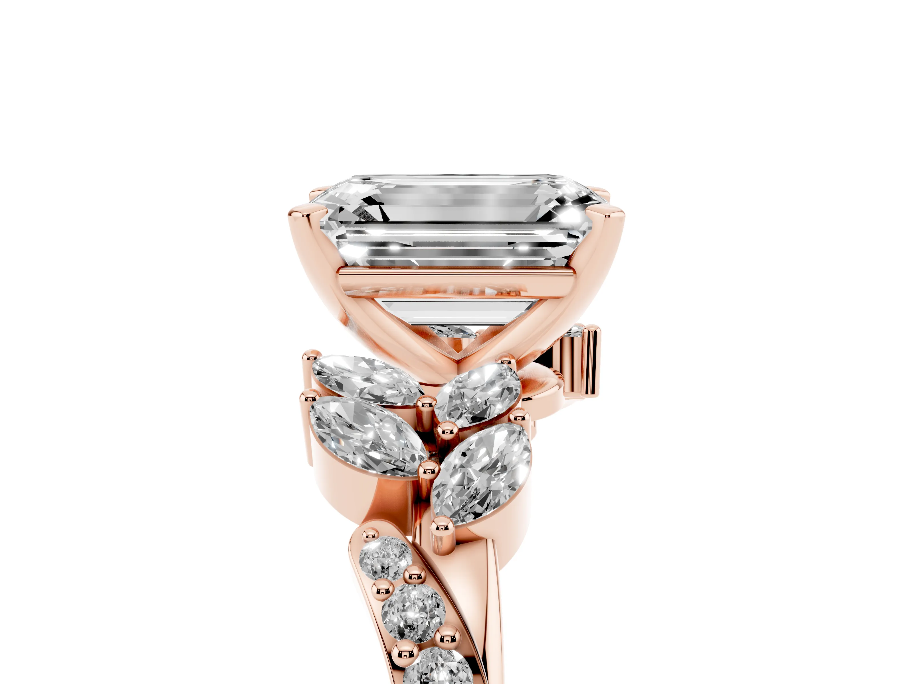 Emerald Cut Diamond Solitaire Ring Set in Rose gold with Marquise Twist Band and Prong Setting