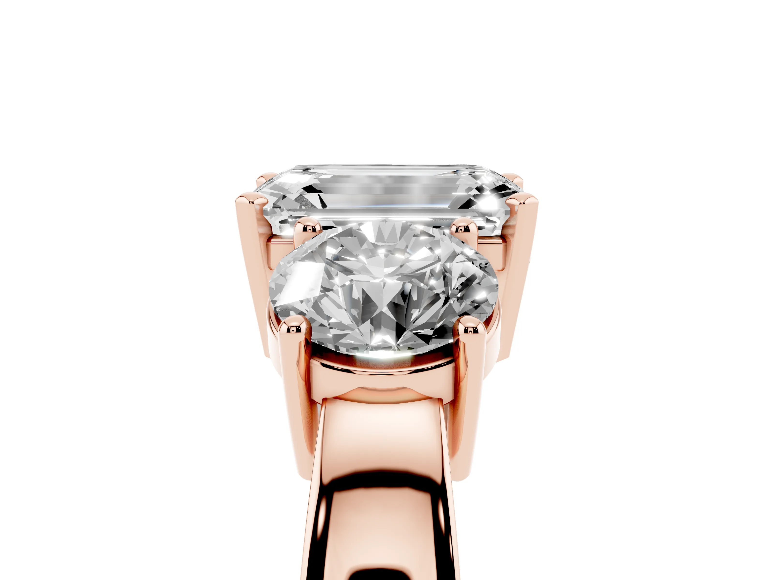 Emerald Cut Diamond Three-Stone Ring Set in Rose gold with Round Side Stones and Classic Band