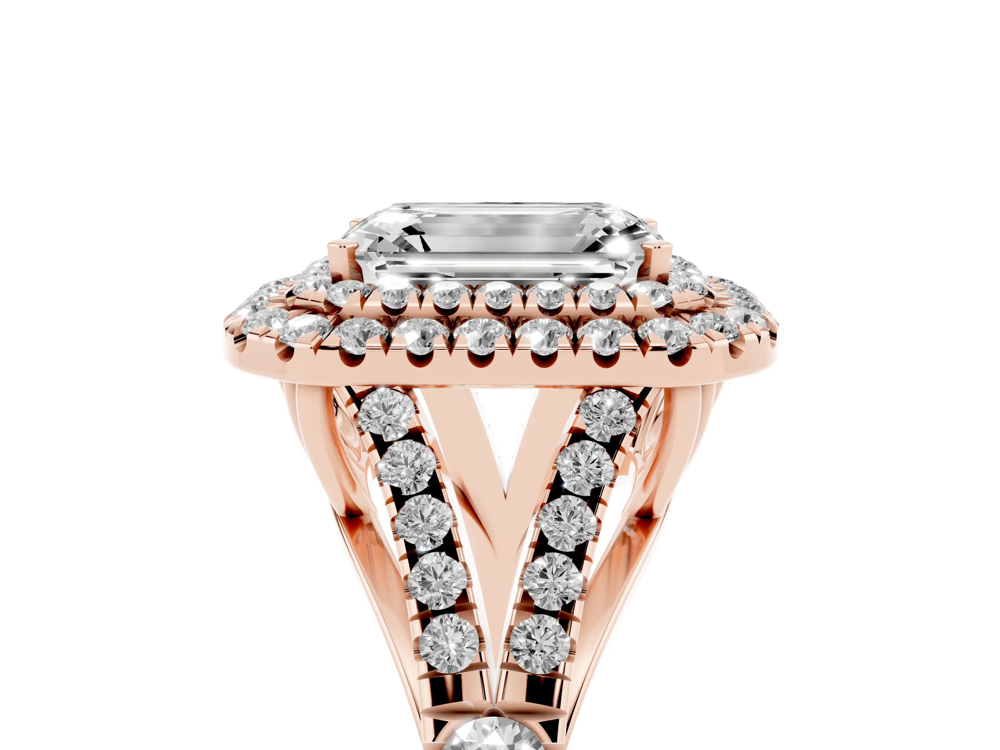 Emerald Cut Diamond Pavé Split Shank Double Halo Engagement Ring Set in Rose gold