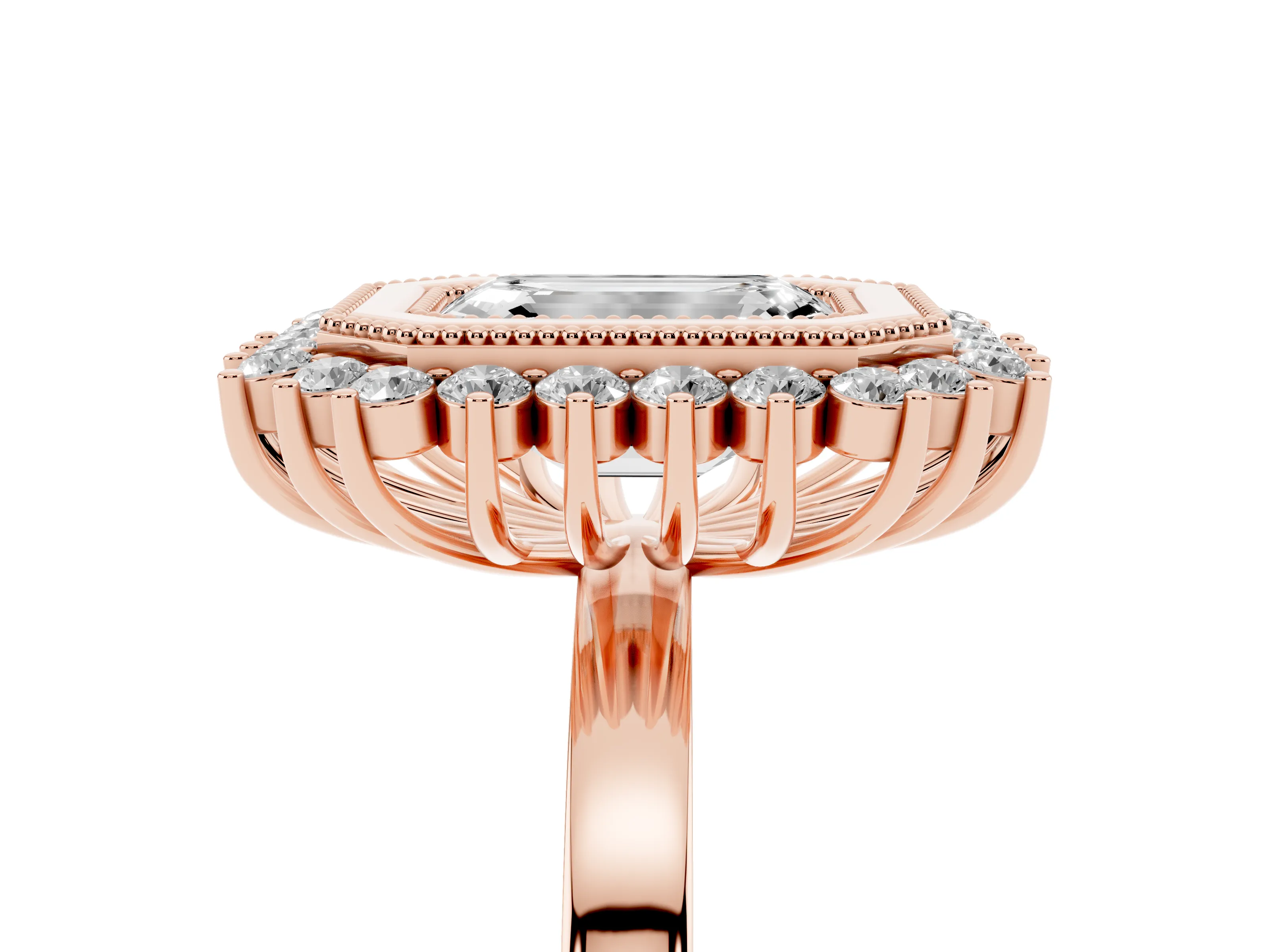 Emerald Cut Diamond Halo Ring Set in Rose gold with Milgrain Edge and Round Prong Setting