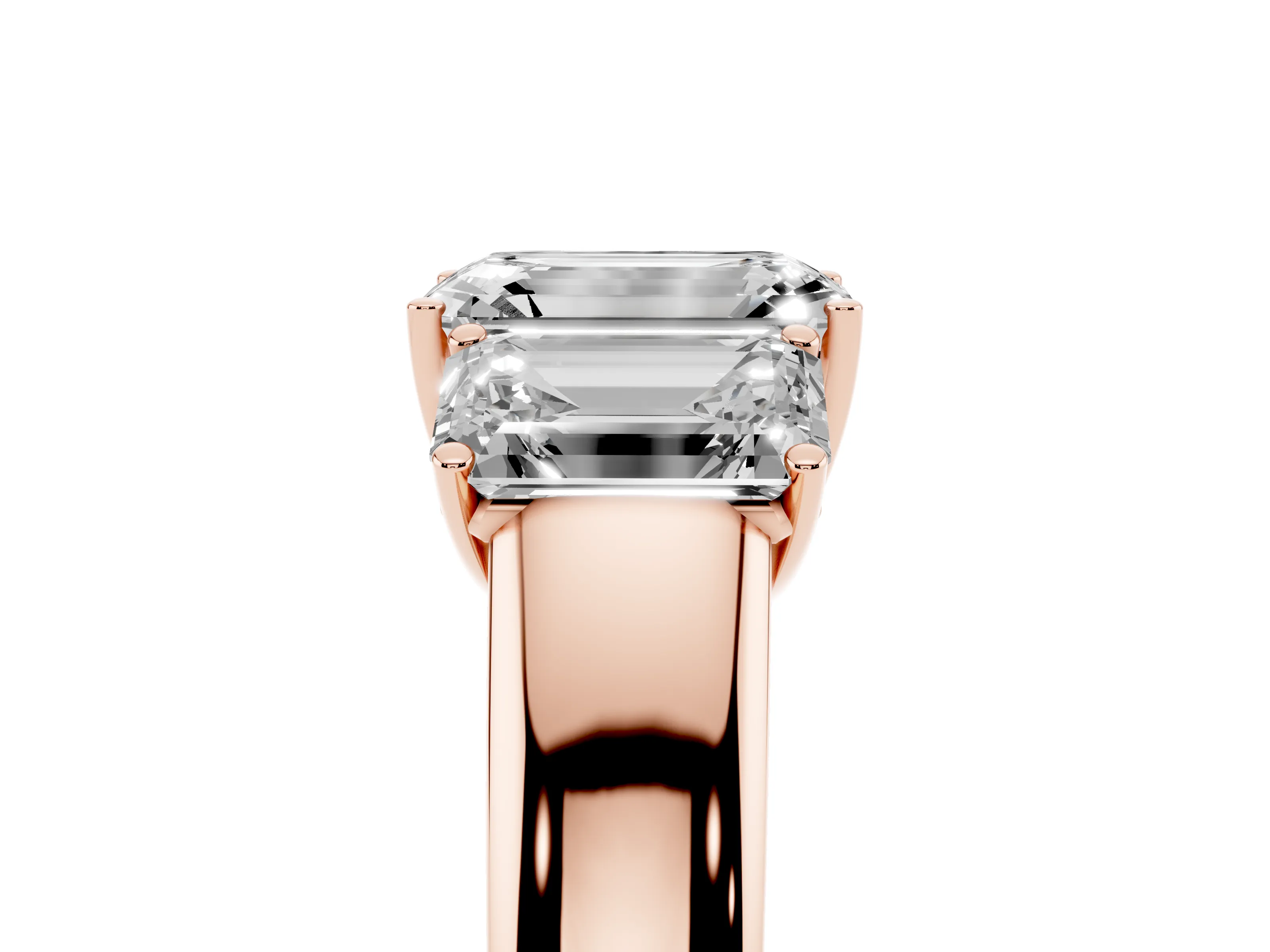 Three-Stone Emerald Cut Diamond Ring Set in Rose gold with Matching Prong Settings and Plain Band