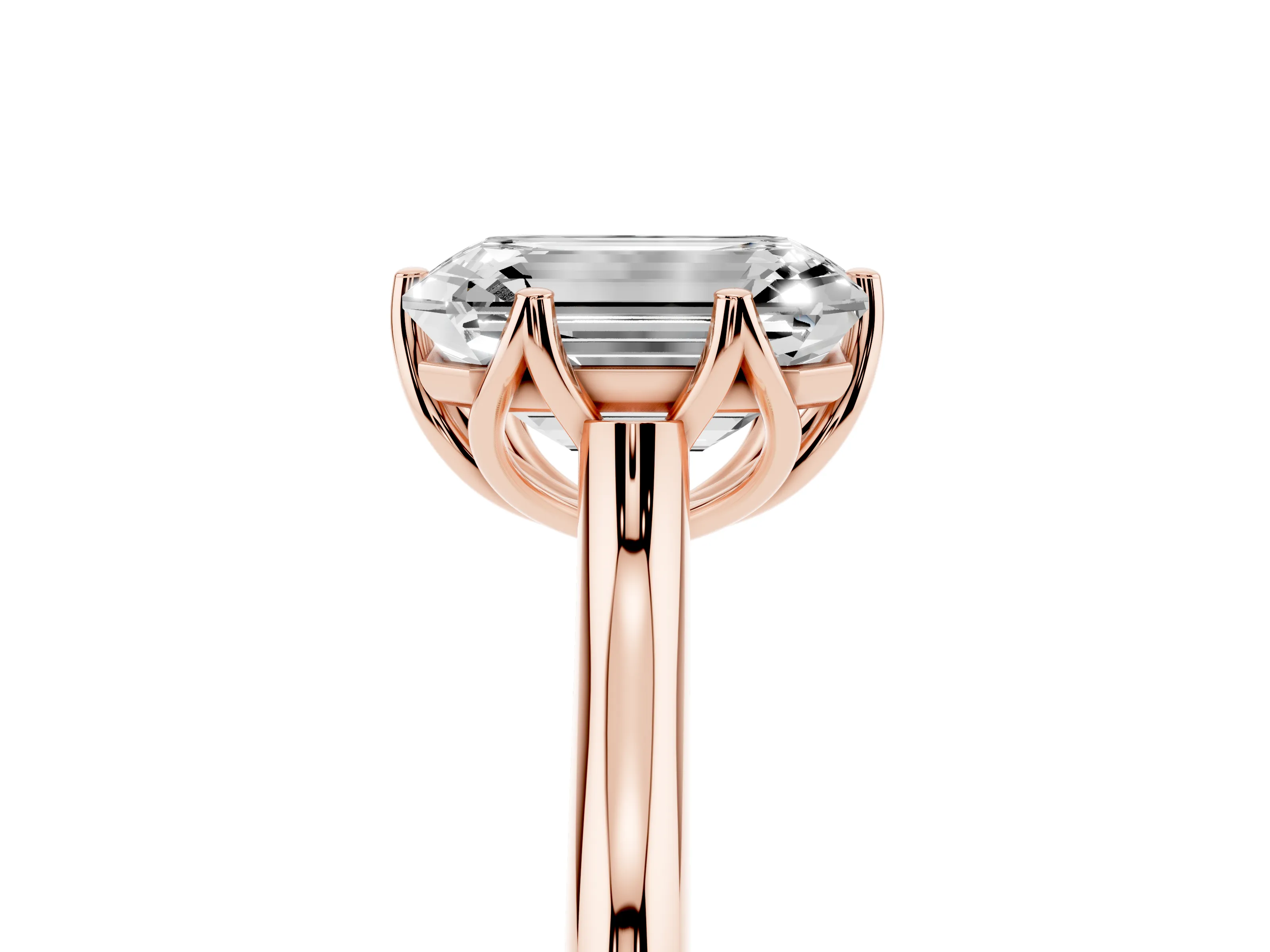 Emerald Cut Diamond Solitaire Cathedral Ring Set in Rose gold with Prong Setting