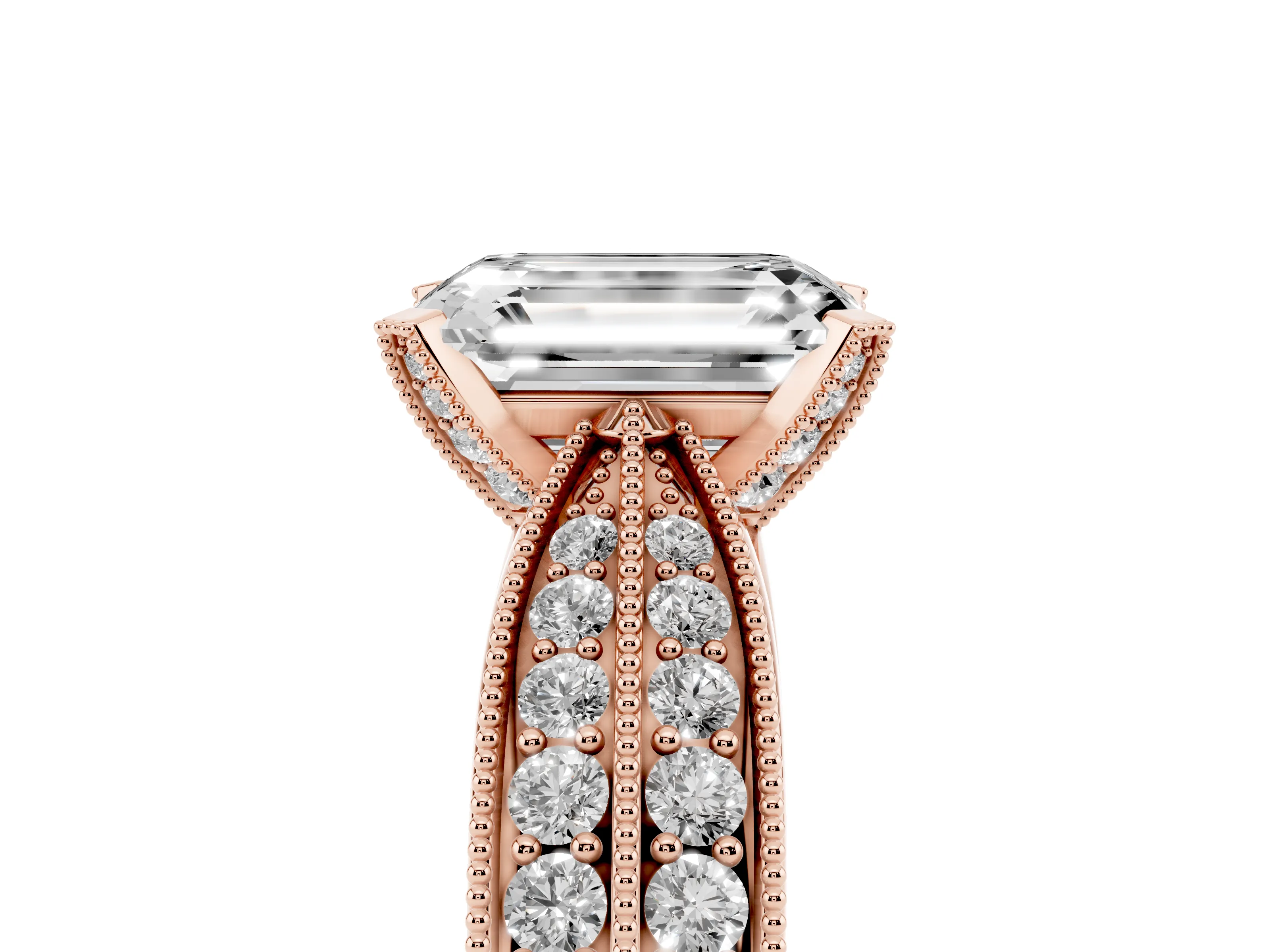 Emerald Cut Diamond Solitaire Ring Set in Rose gold with Milgrain Double Row Round Pavé Band