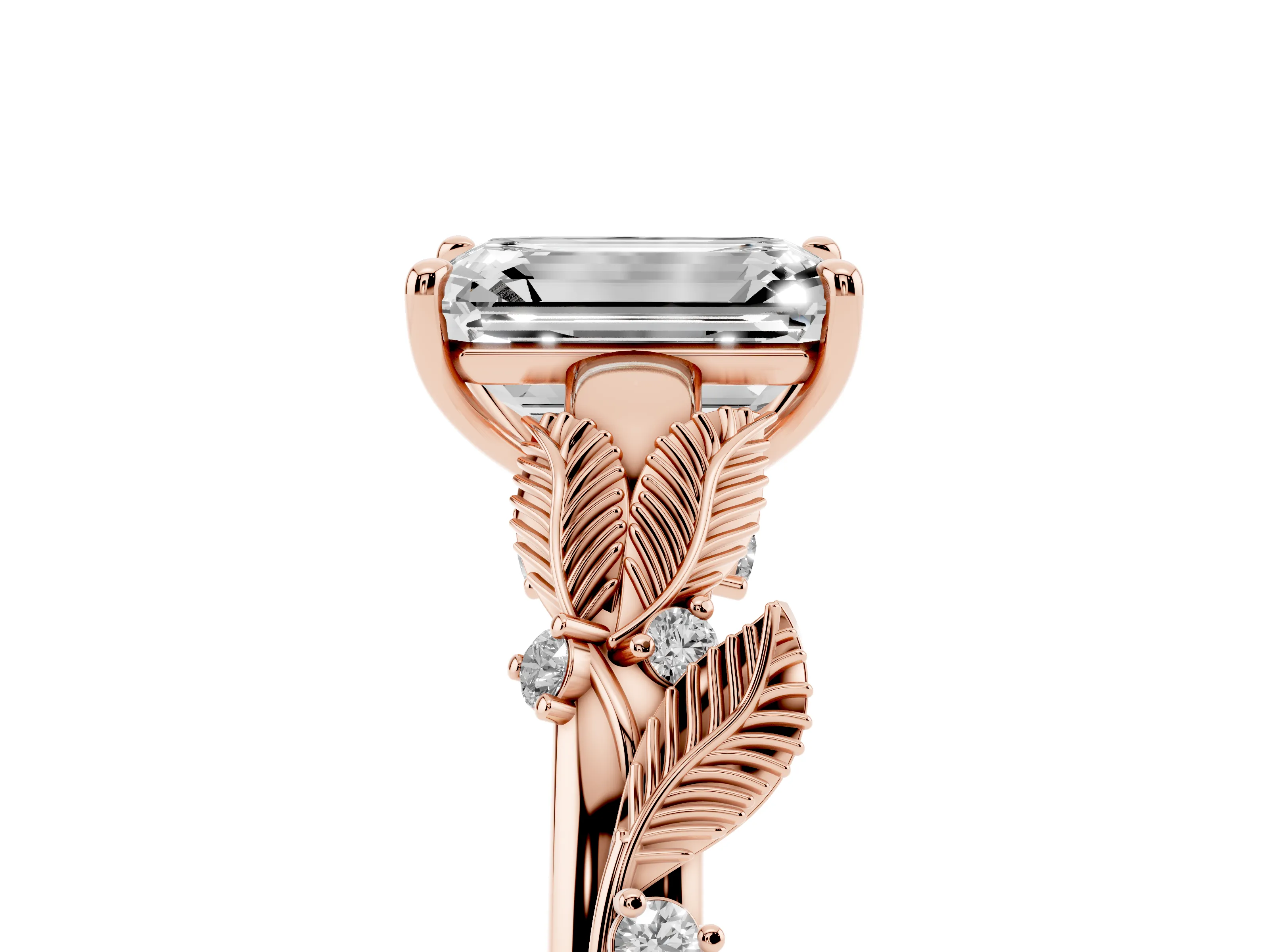 Emerald Cut Diamond Solitaire Ring Set in Rose gold with Leaf Motif Band