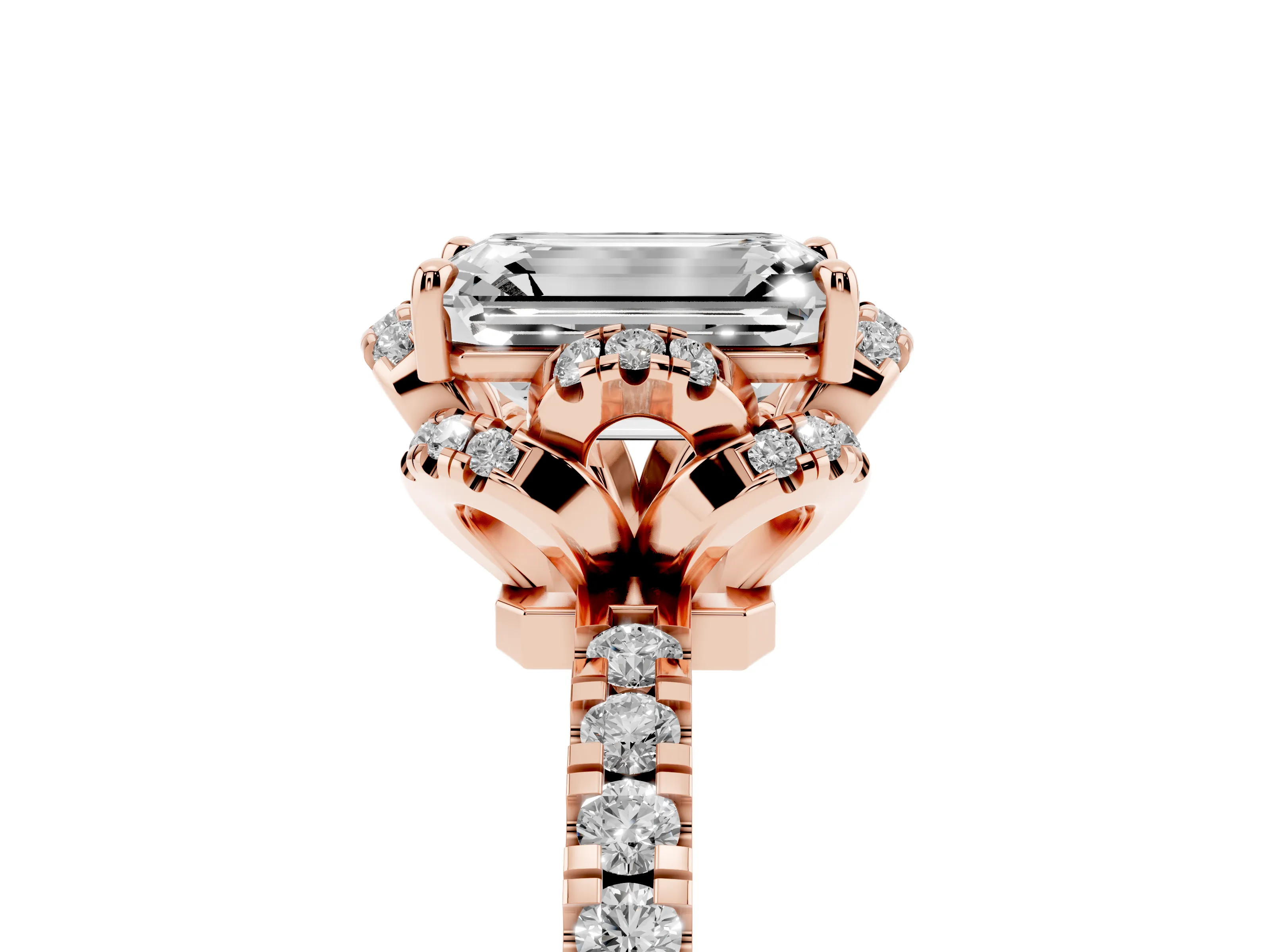 Emerald Cut Diamond Halo Pavé Band Ring Set in Rose gold with Prong-Held Center