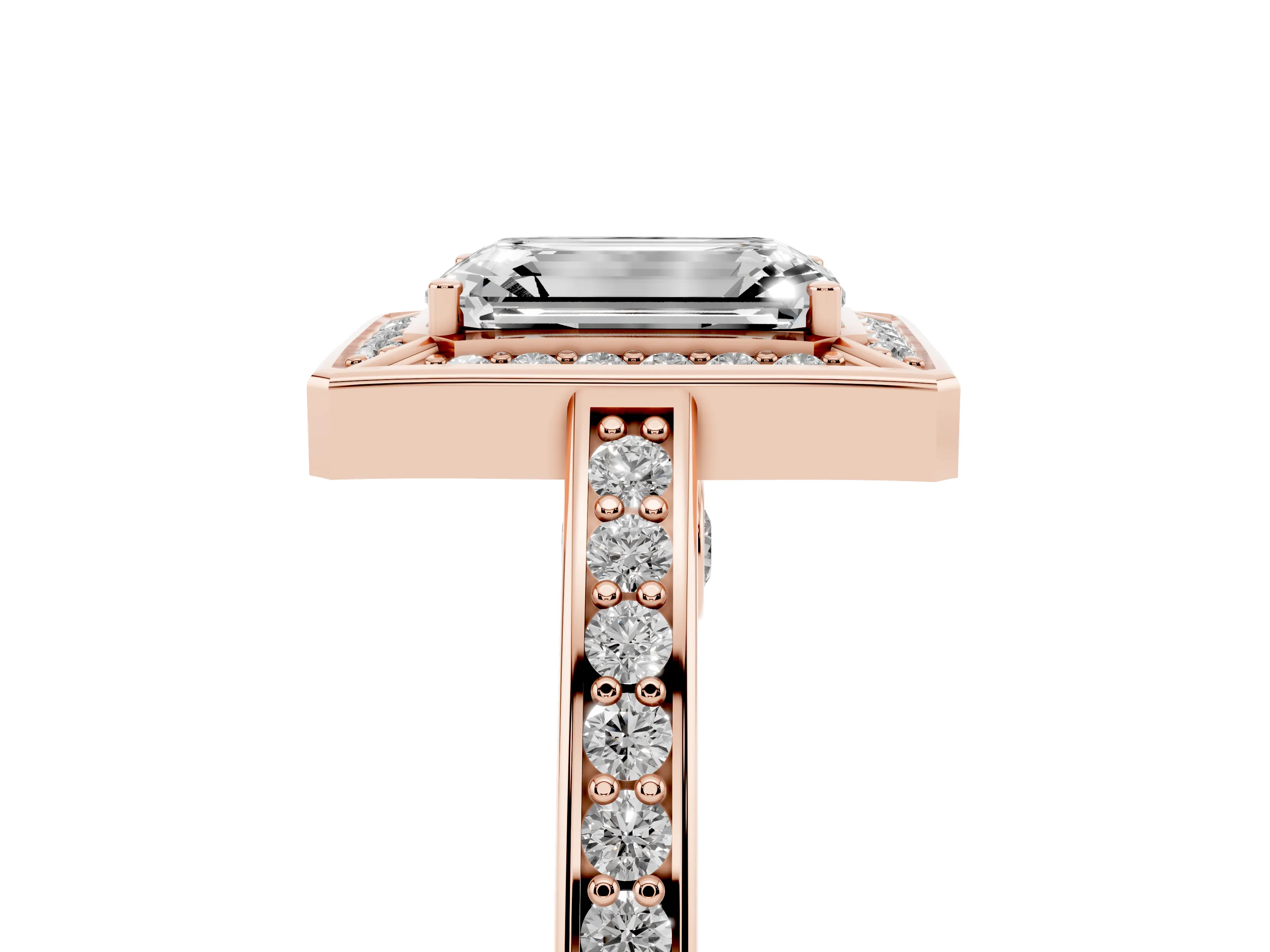 Emerald Cut Diamond Halo Pavé Split Shank Ring Set in Rose gold with Prong Setting