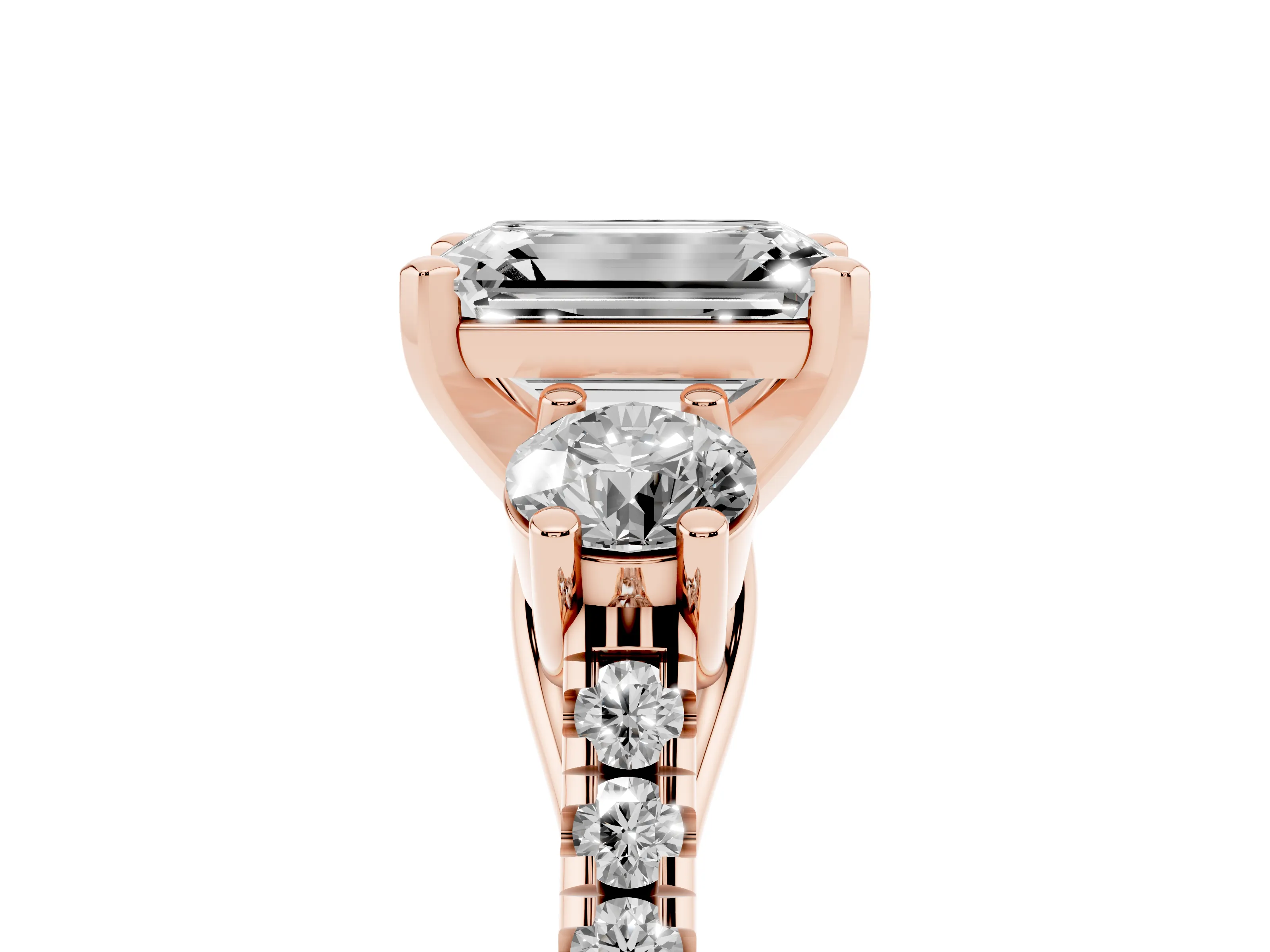 Three-Stone Emerald Cut Diamond Pavé Band Ring Set in Rose gold with Prong-Set Trio
