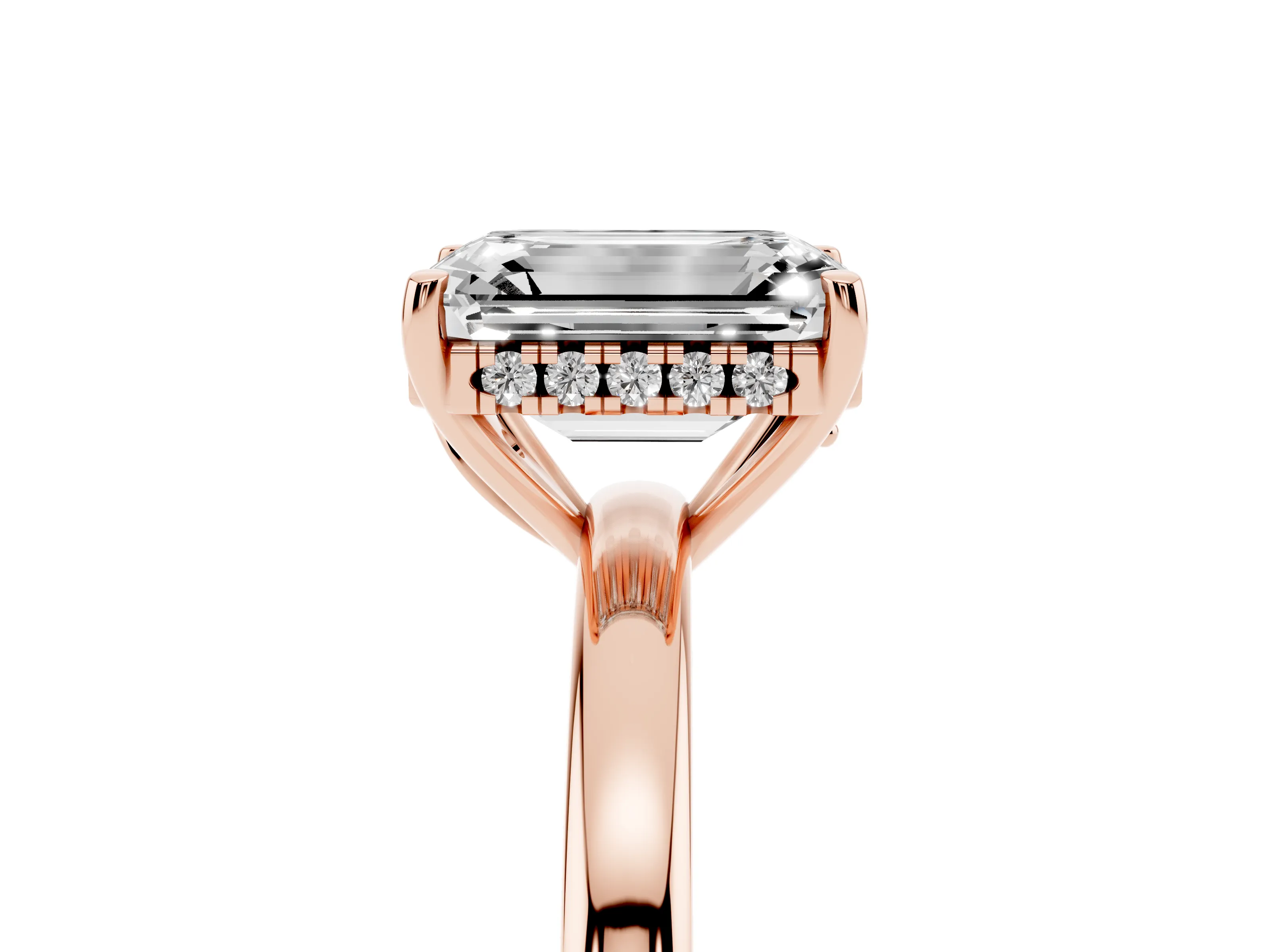Emerald Cut Diamond Solitaire Ring Set in Rose gold with Plain Band and Prong Setting