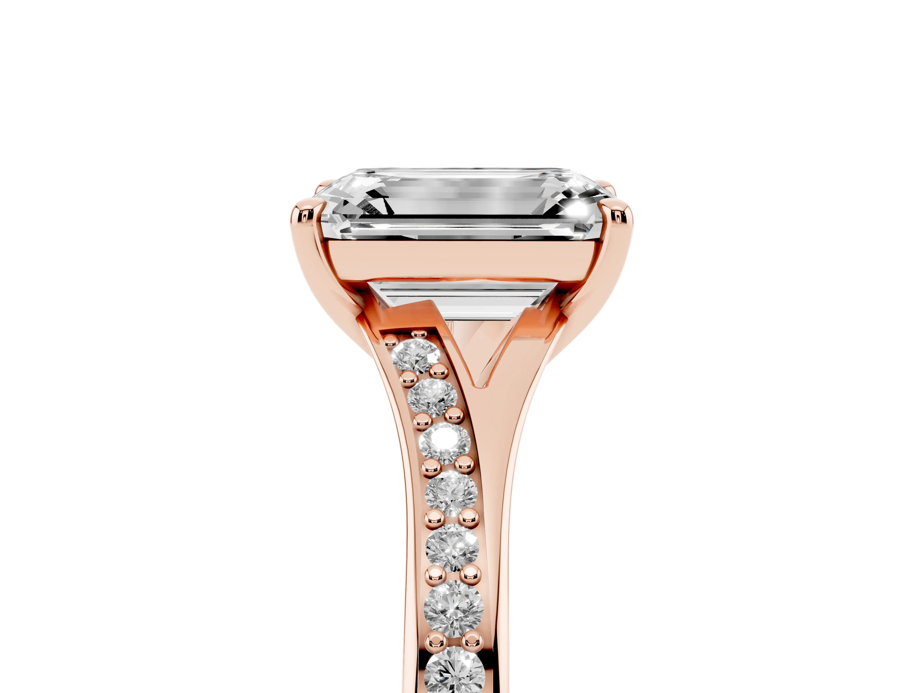 Emerald Cut Diamond Solitaire Ring Set in Rose gold with Pavé Accent Band and Classic Prong Setting