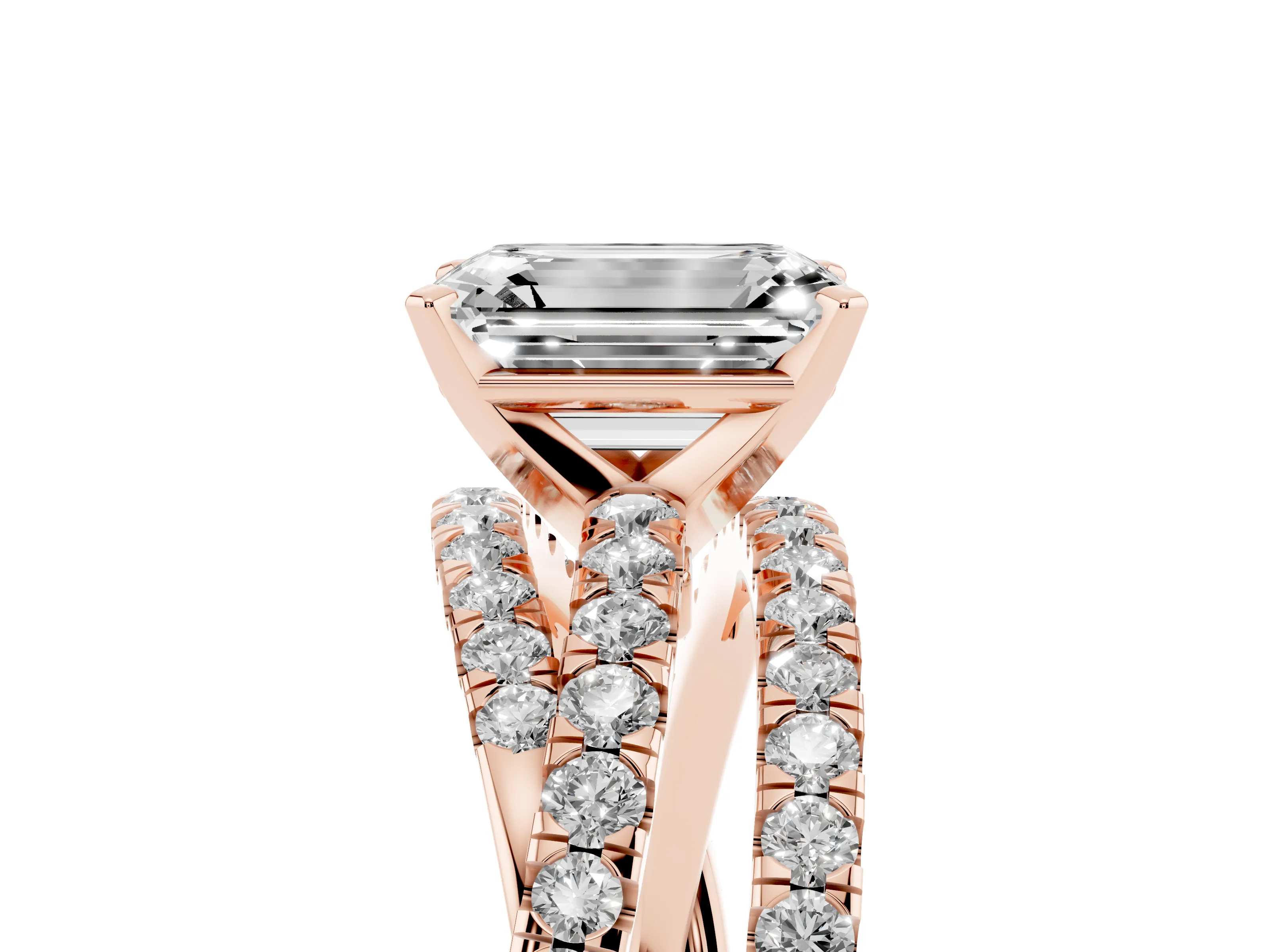 Emerald Cut Diamond Solitaire Twist Band Ring Set in Rose gold with Pavé Setting and Prong Head