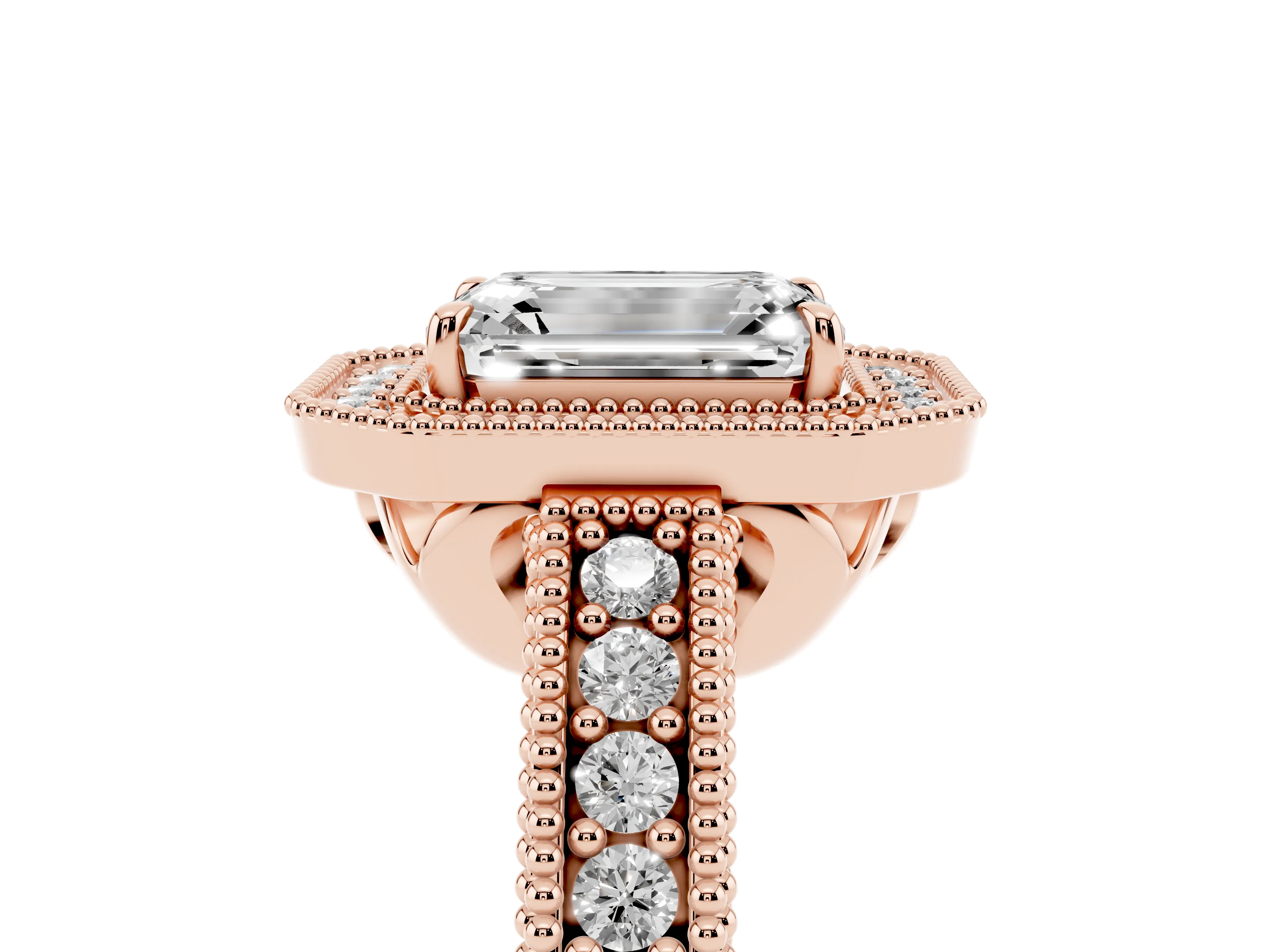 Emerald Cut Diamond Halo Ring Set in Rose gold with Round Accent Halo, Pavé Band and Prong Setting