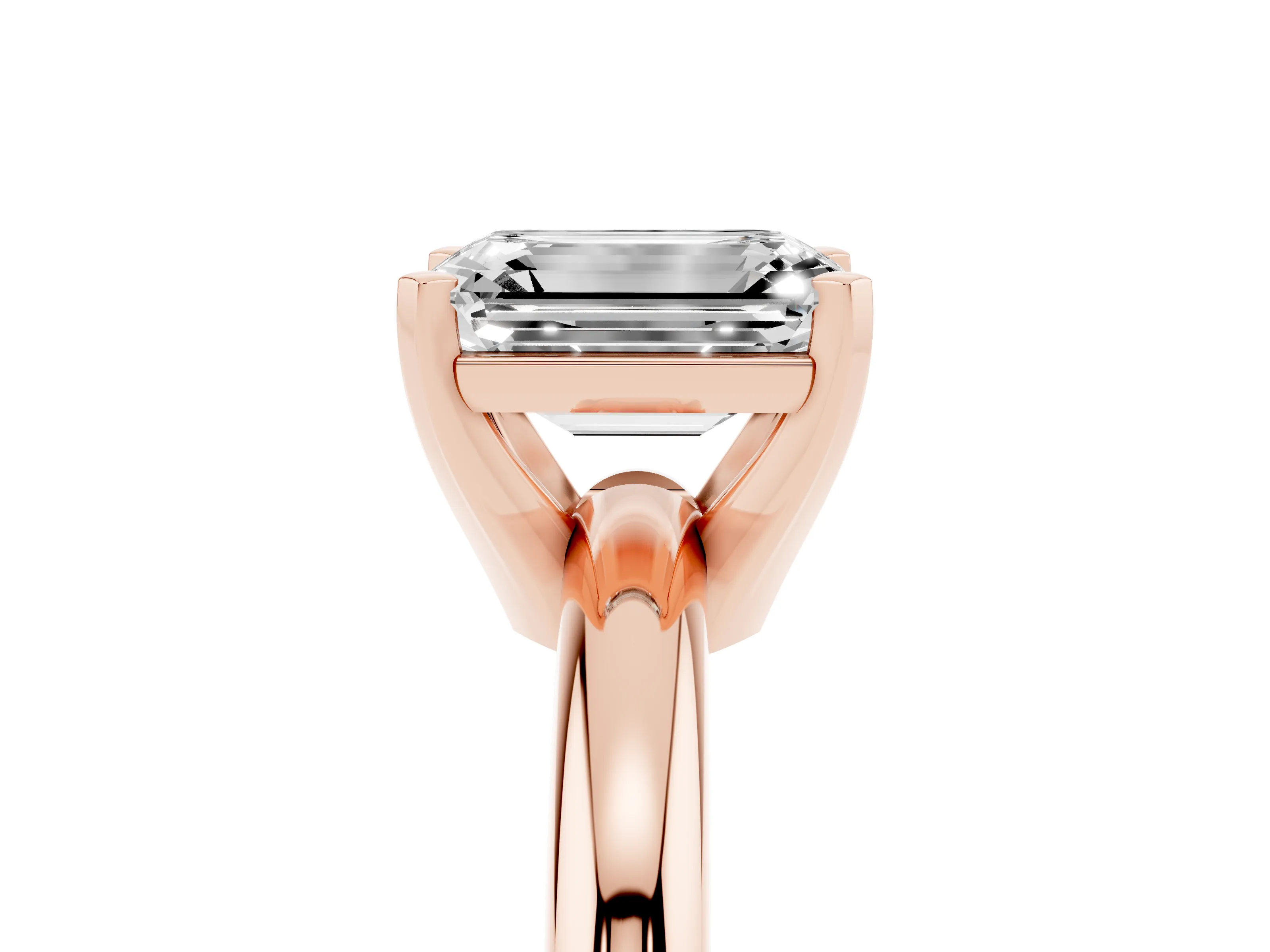 Emerald Cut Diamond Solitaire Engagement Ring Set in Rose gold with Round Band and Prong Setting
