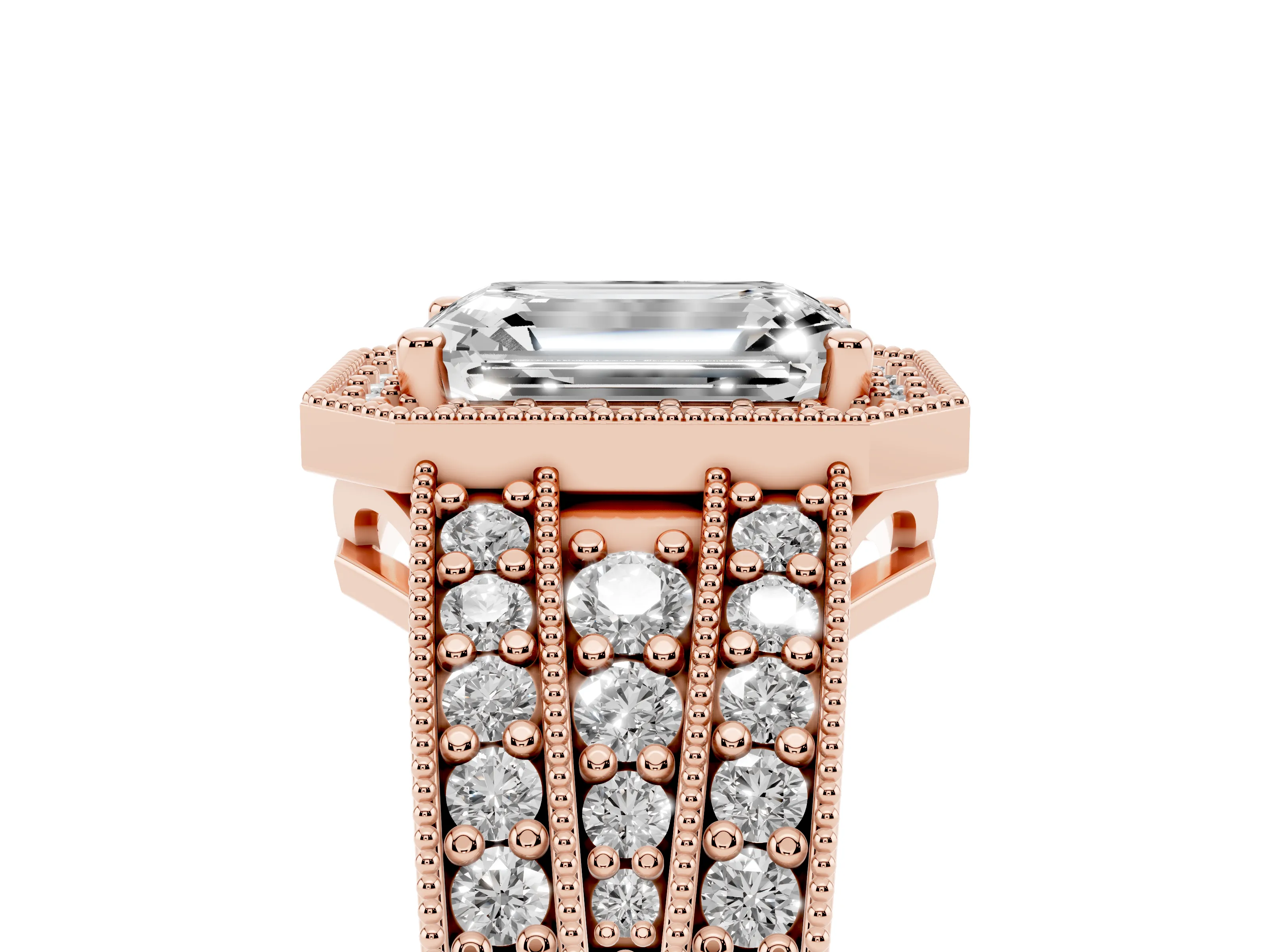 Emerald Cut Diamond Halo Ring Set in Rose gold with Accent Split Shank and Prong Setting