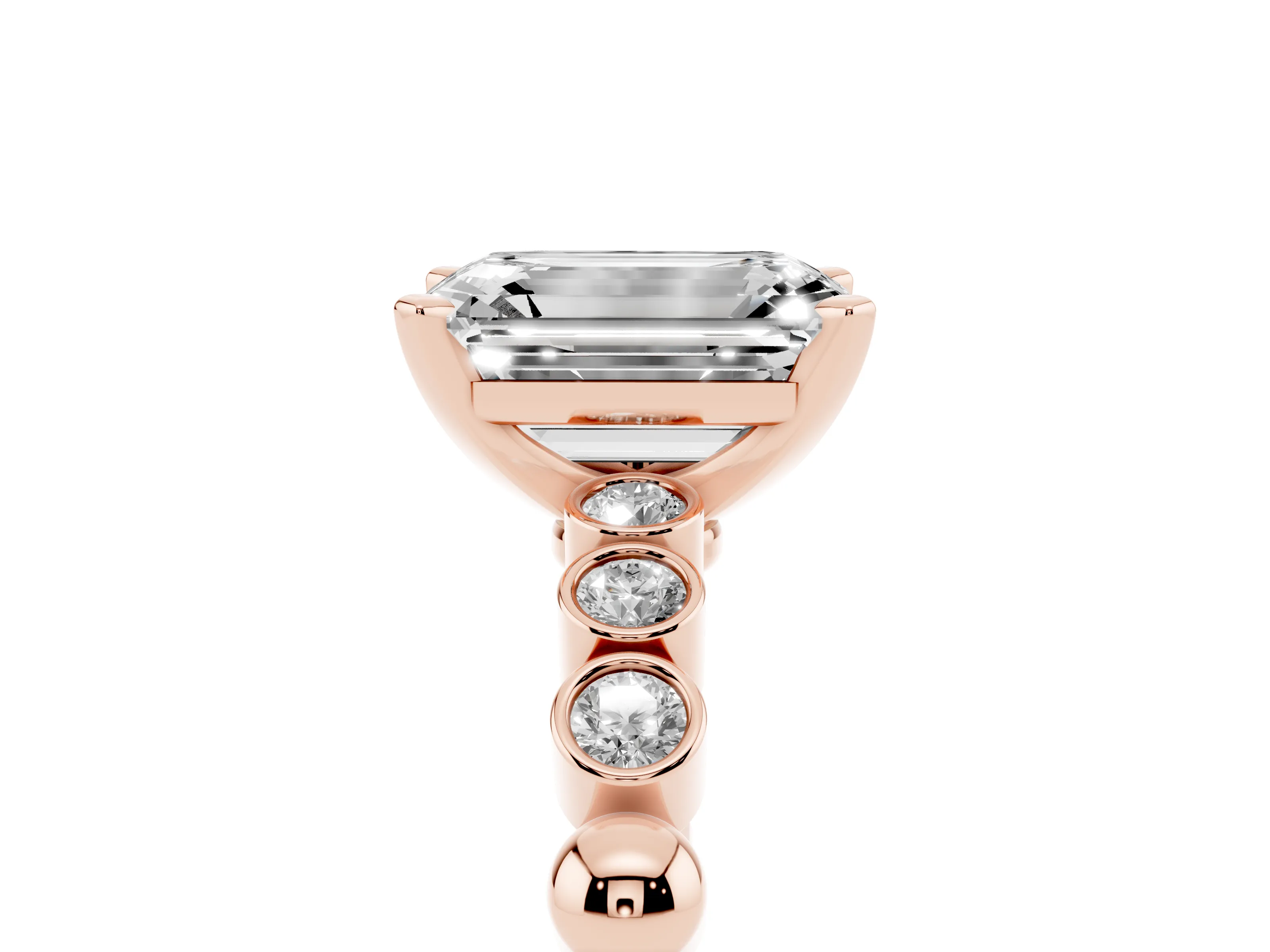 Emerald Cut Diamond Solitaire Engagement Ring Set in Rose gold with Bezel Accents on Beaded Band