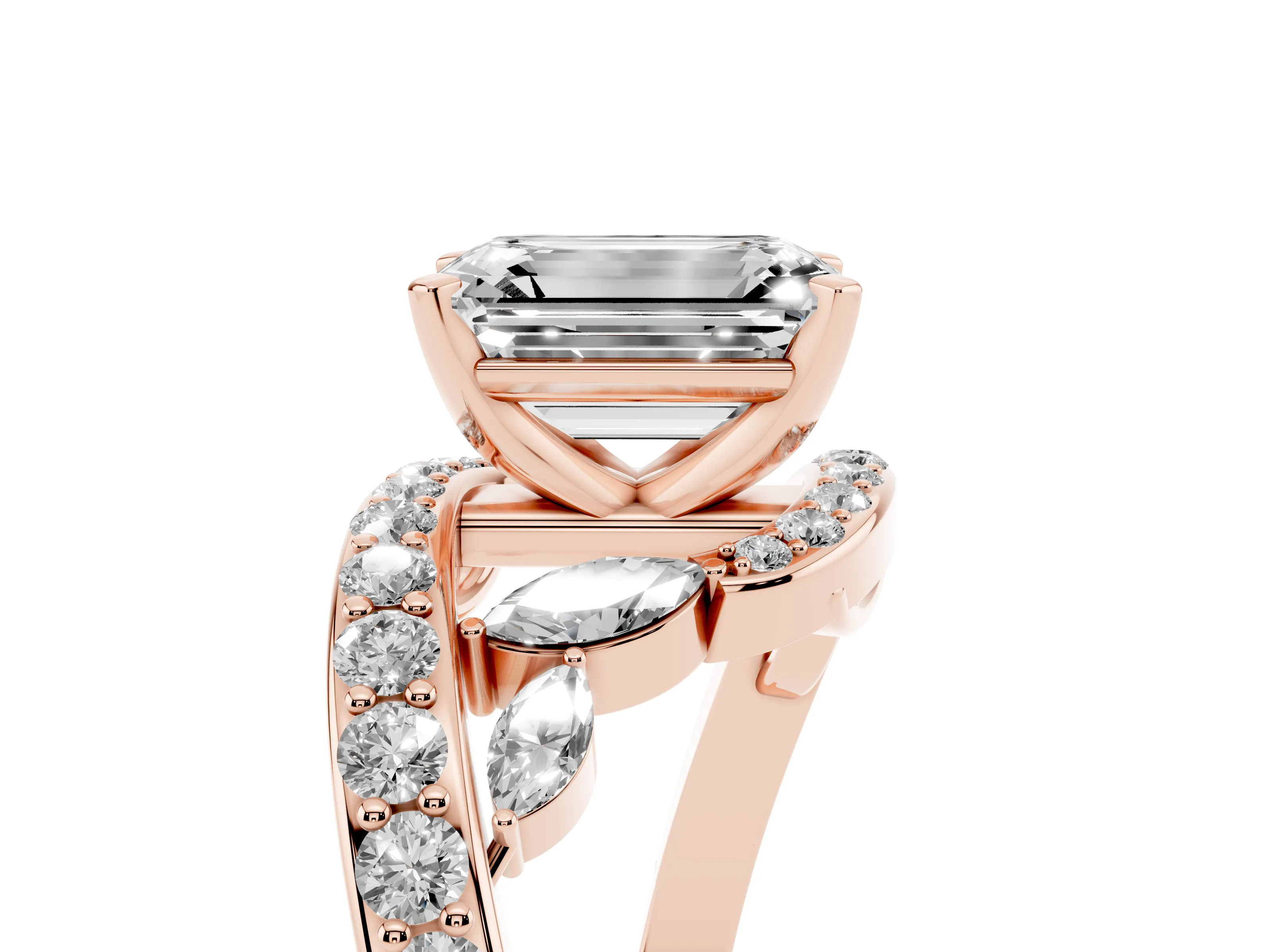 Emerald Cut Diamond Solitaire Ring Set in Rose gold with Pavé Twist Band and Secure Prong Setting