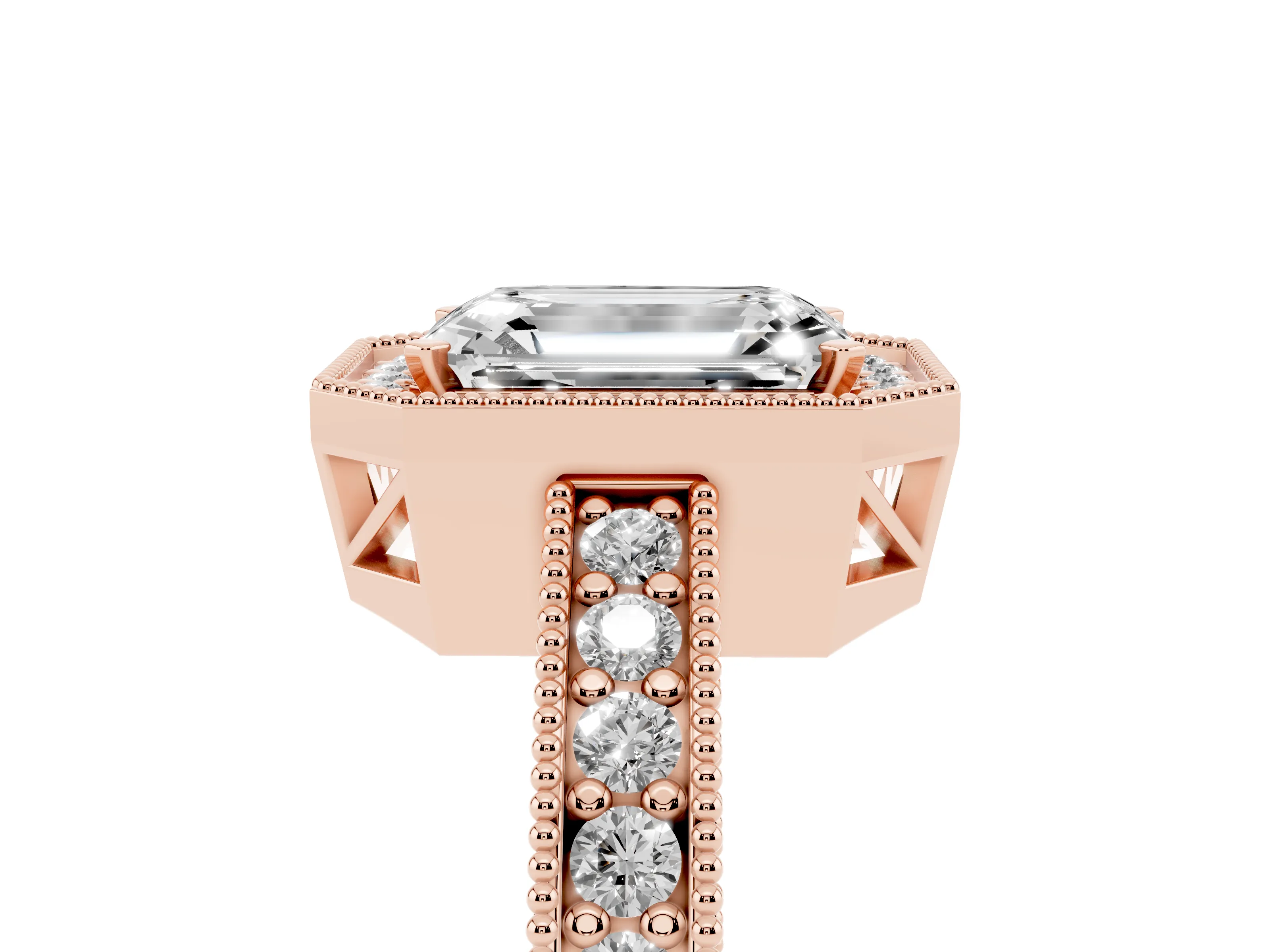 Emerald Cut Diamond Halo Pavé Band Ring Set in Rose gold with Prong-Set Center