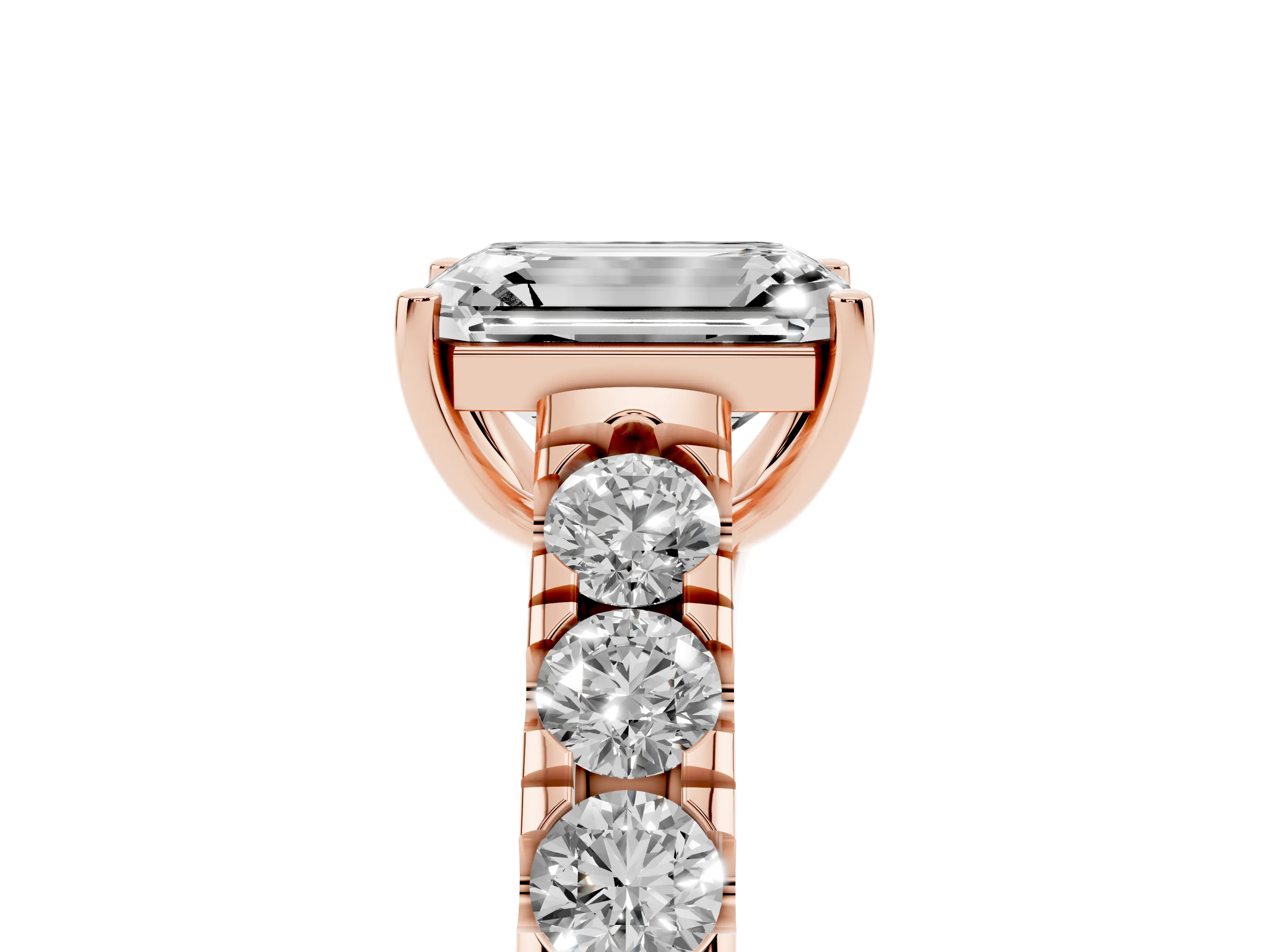 Emerald Cut Diamond Solitaire Ring Set in Rose gold with Cut-Down Micro Pavé Band and Prong Setting
