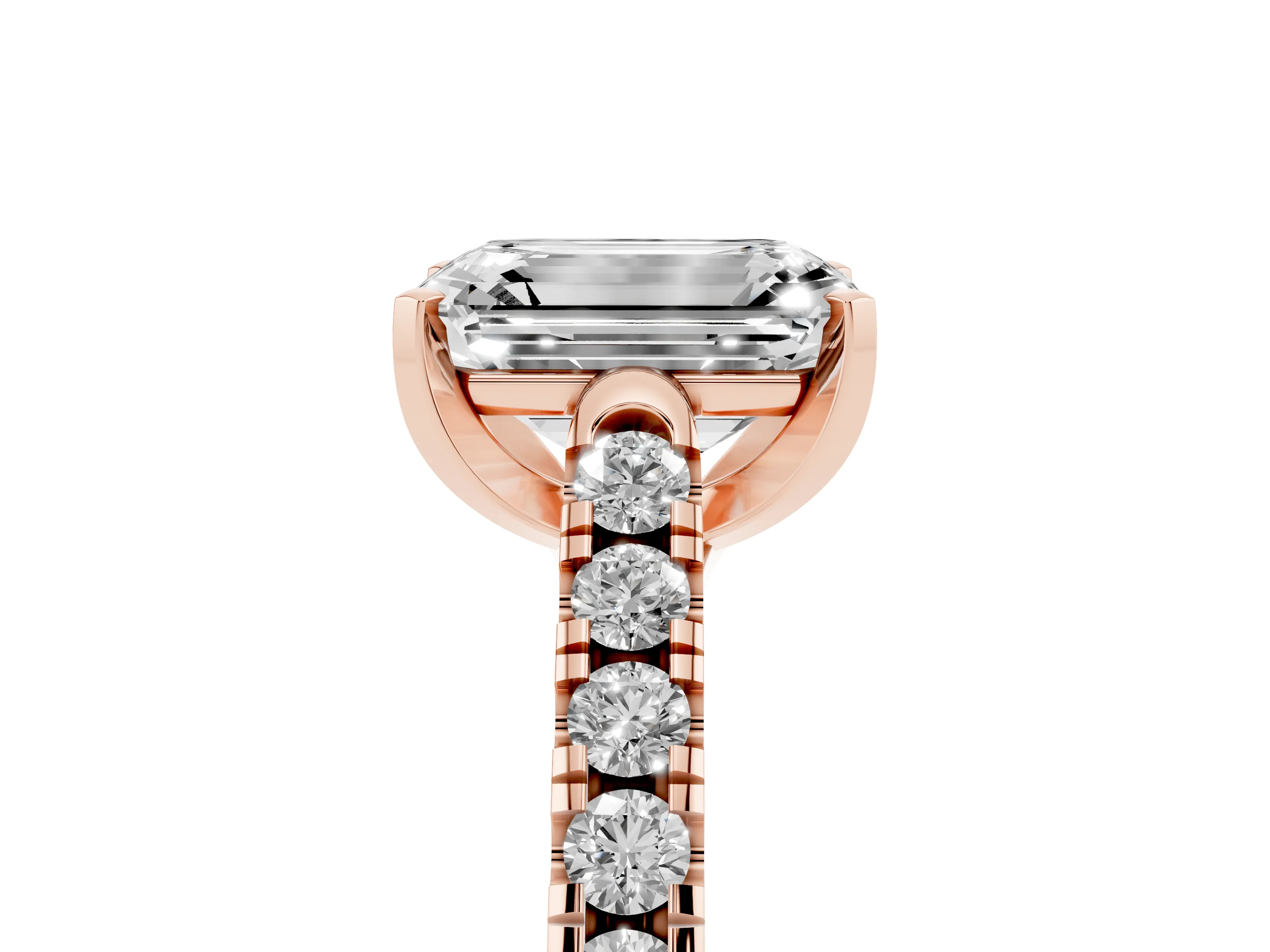 Emerald Cut Diamond Pavé Band Solitaire Ring Set in Rose gold with Partway Accent Stones and Prong Setting