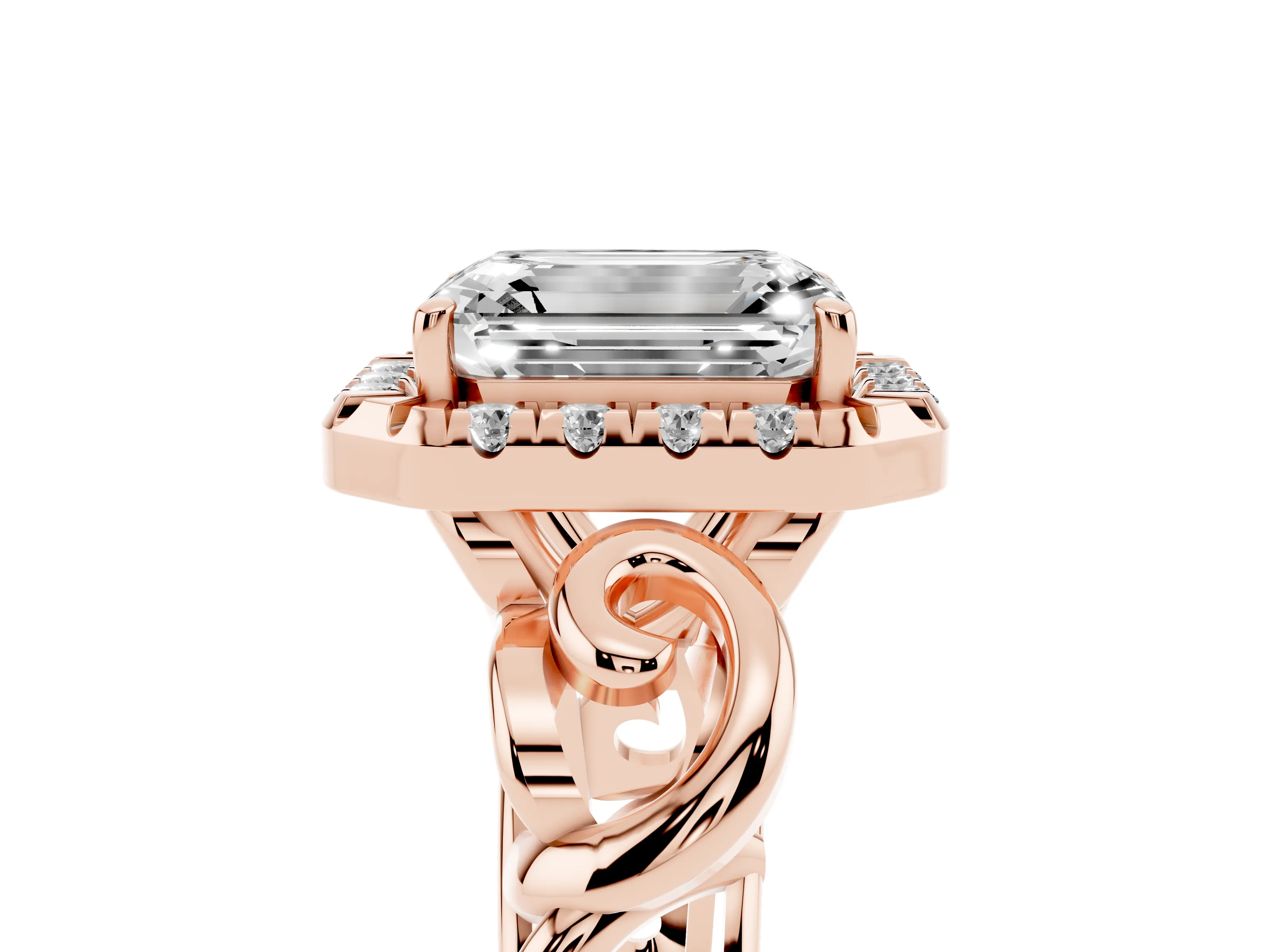 Emerald Cut Vintage Filigree Halo Engagement Ring Setting | Scroll Shoulders | Rose Gold