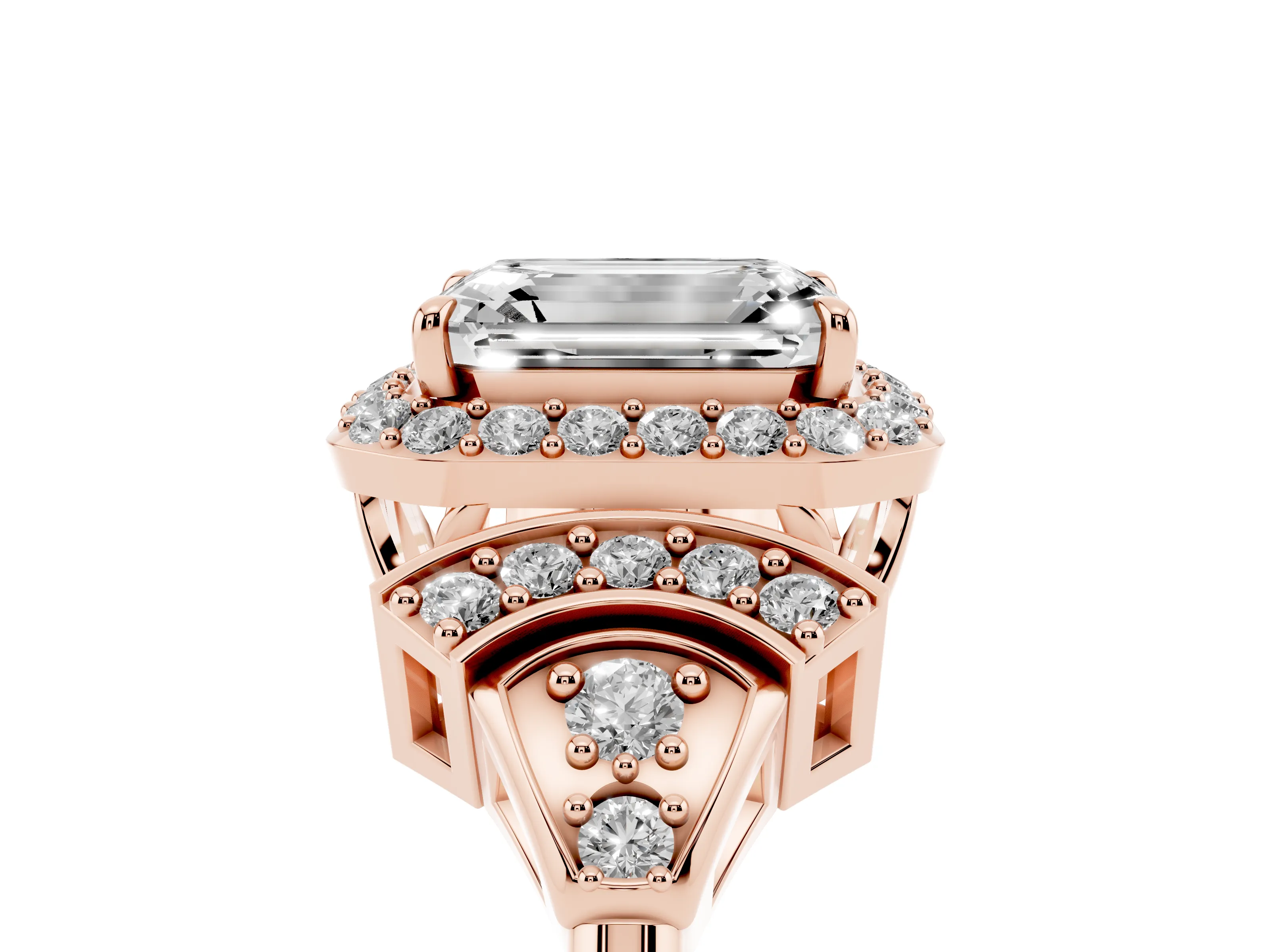 Emerald Cut Diamond Halo Engagement Ring Set in Rose gold with Accent Stone Split Shank