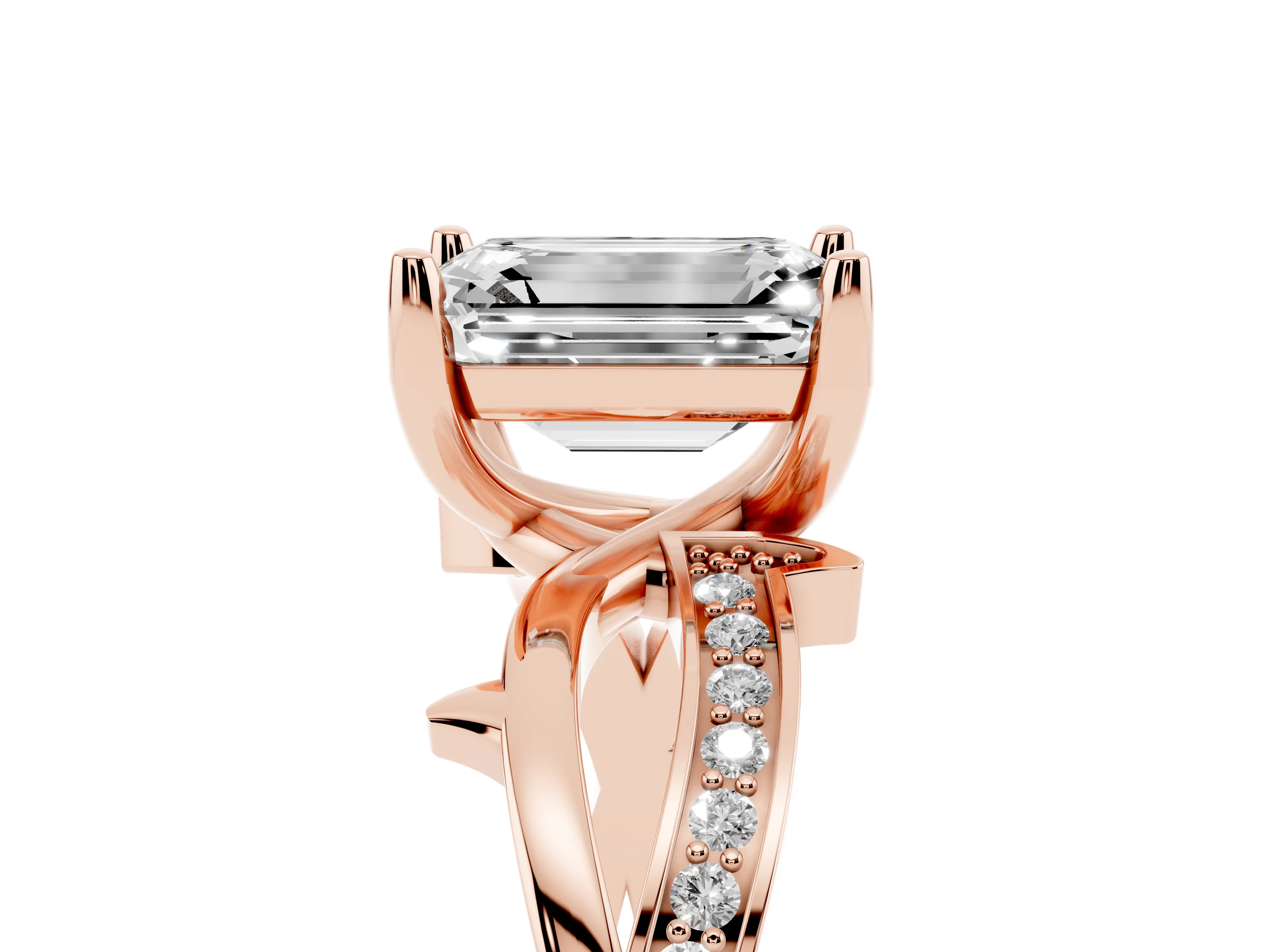 Emerald Cut Diamond Pavé Twist Band Solitaire Ring Set in Rose gold with Prong Setting