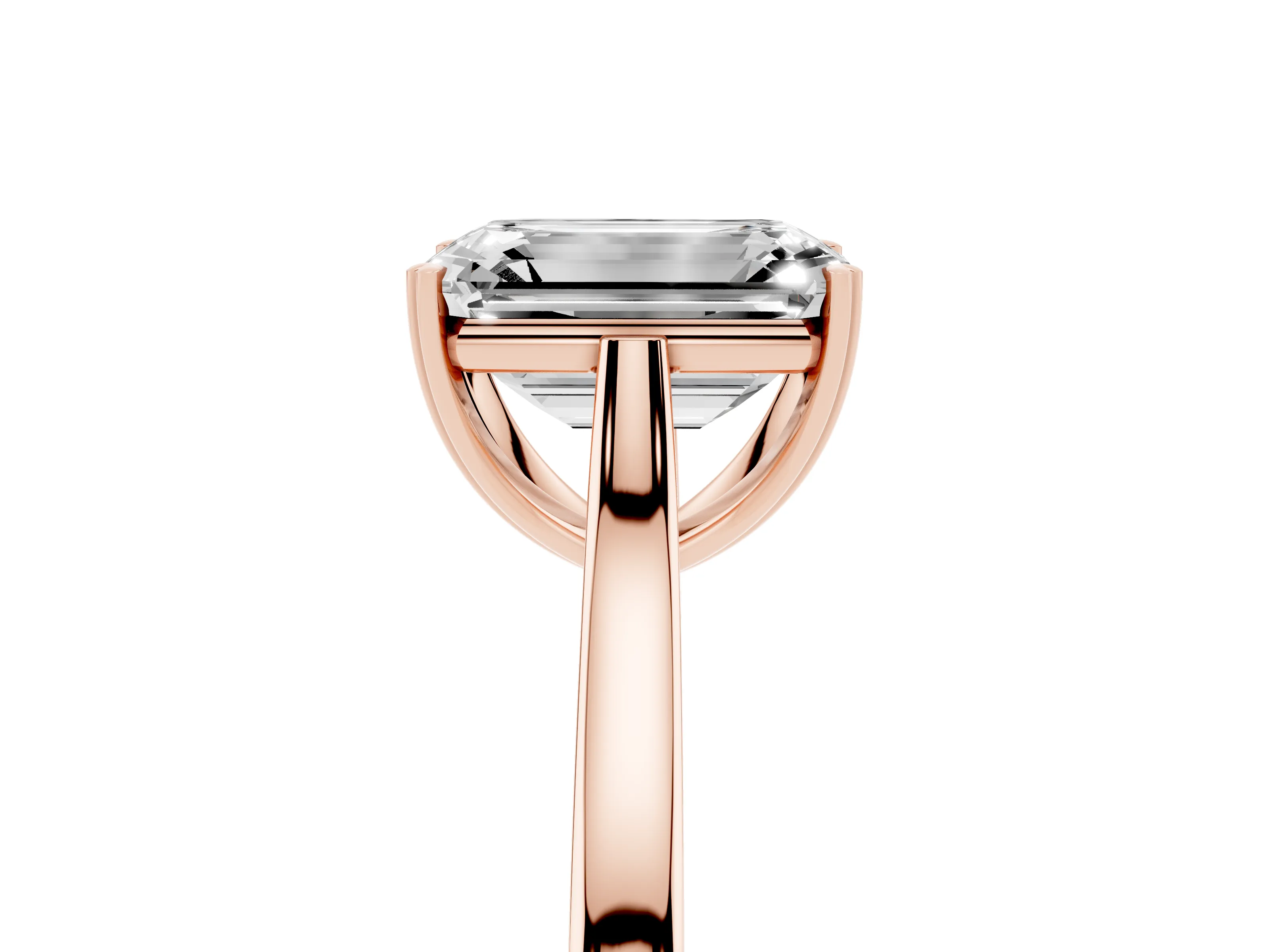 Emerald Cut Diamond Solitaire Heart Prong Engagement Ring Set in Rose gold with Tapered Band
