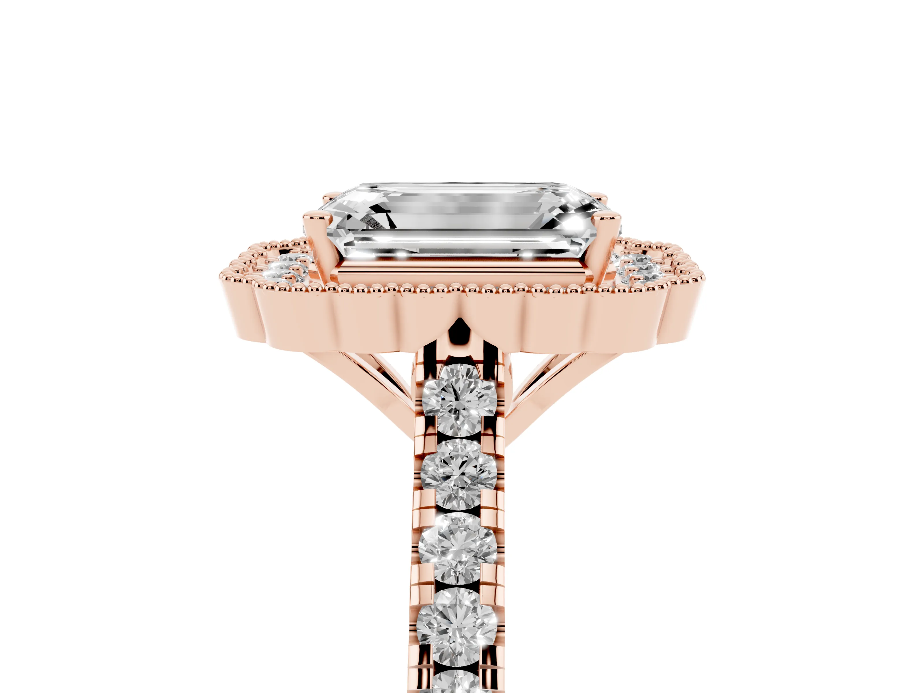 Emerald Cut Diamond Milgrain Floral Halo Engagement Ring Set in Rose gold with Pavé Band