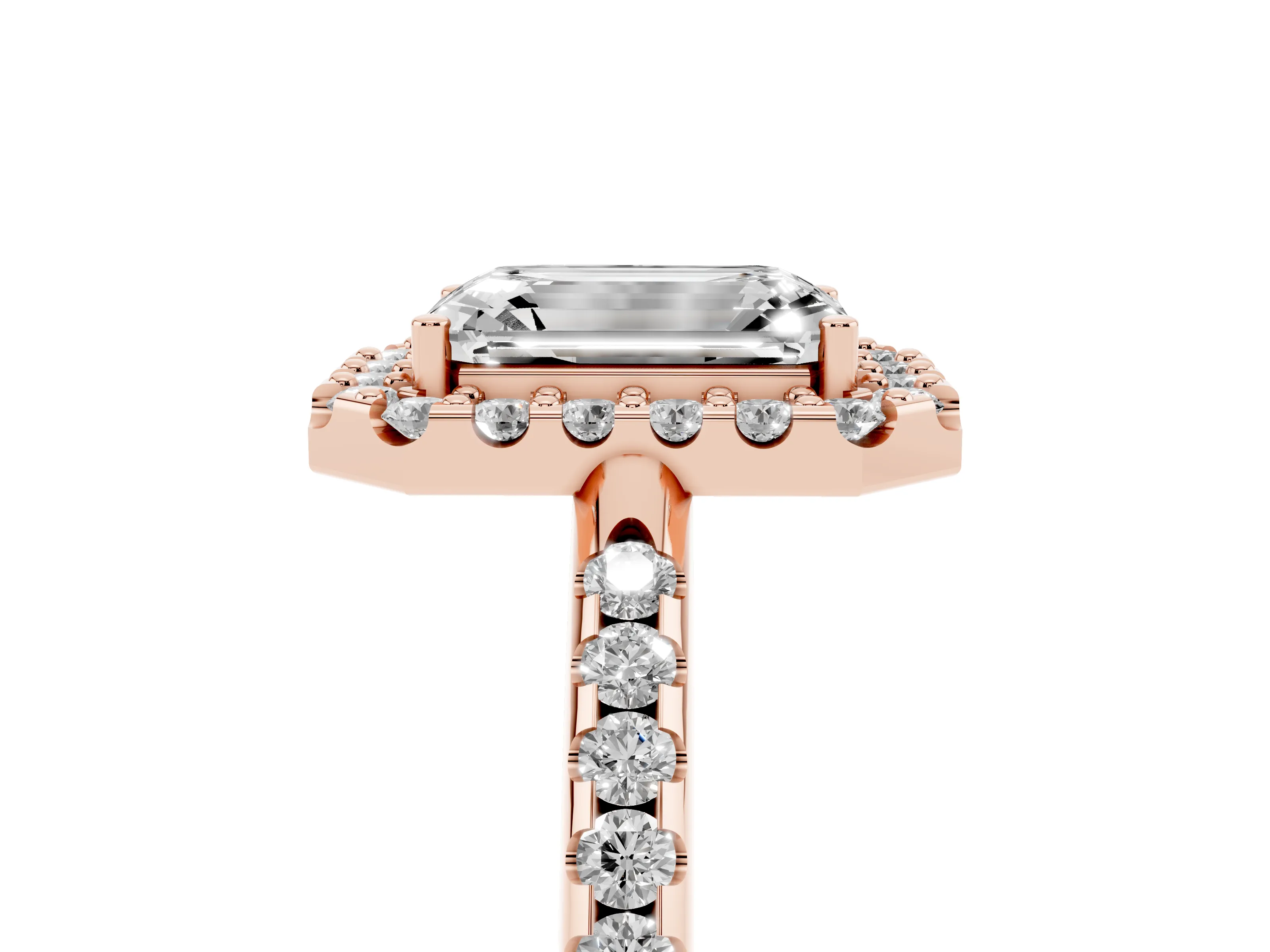 Emerald Cut Diamond Pavé Halo Ring Set in Rose gold with Prong Setting