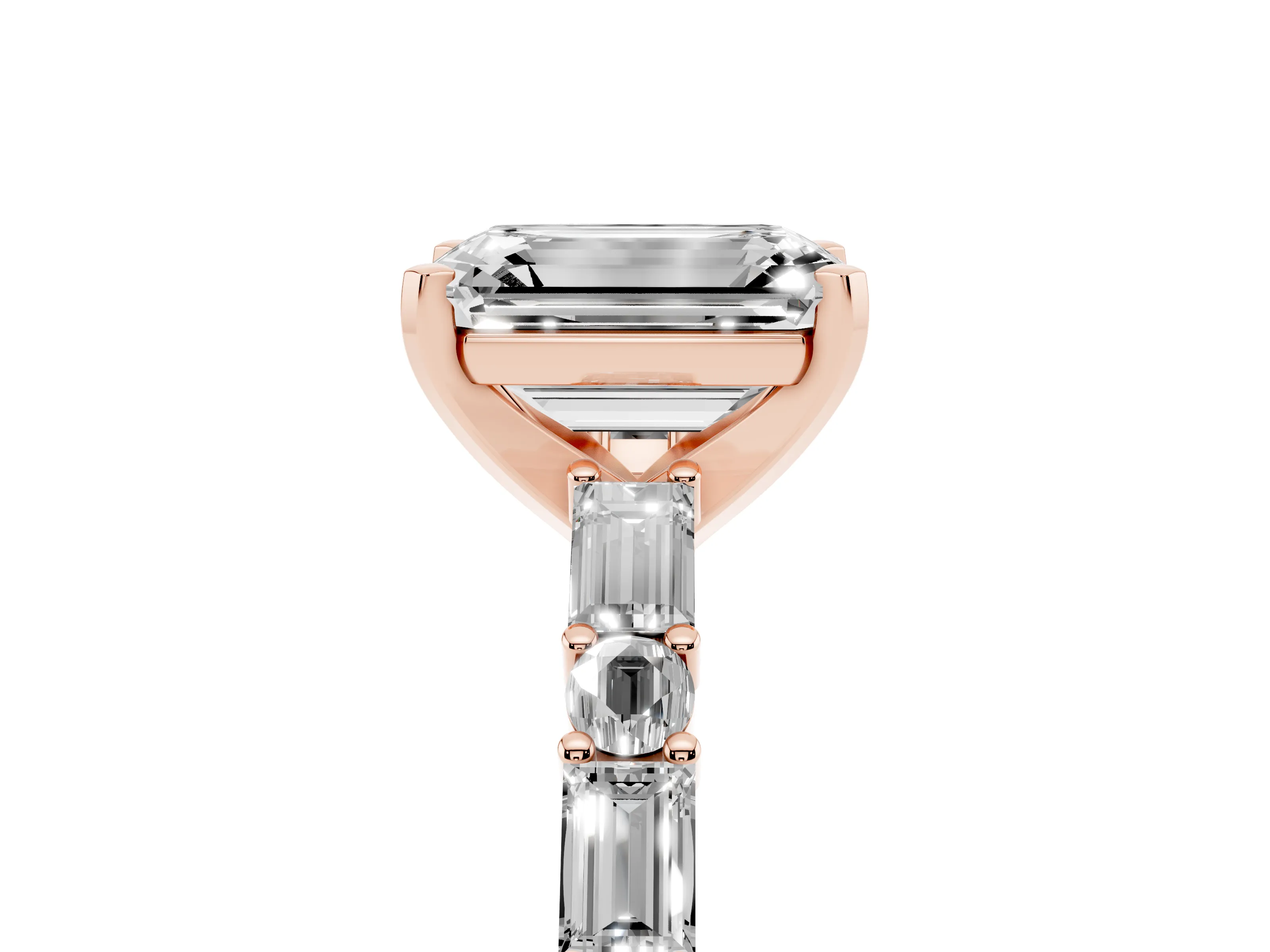 Emerald Cut Diamond Solitaire Set in Rose gold with Side Baguettes and Channel Set Band