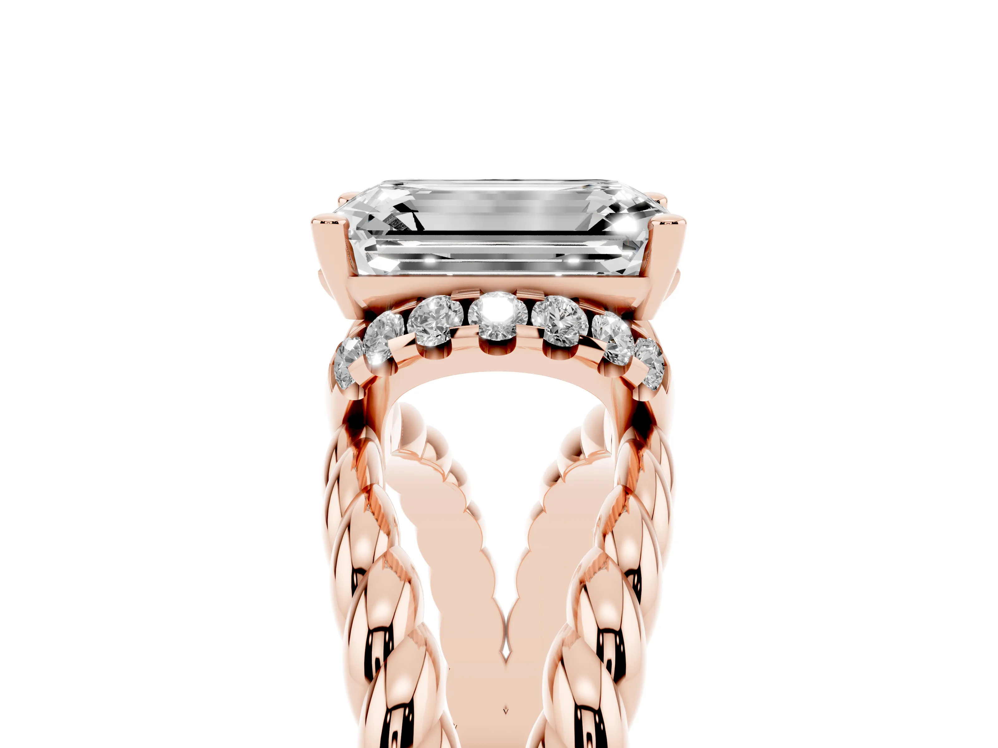 Emerald Cut Diamond Halo Ring Set in Rose gold with Twisted Band and Prong Setting