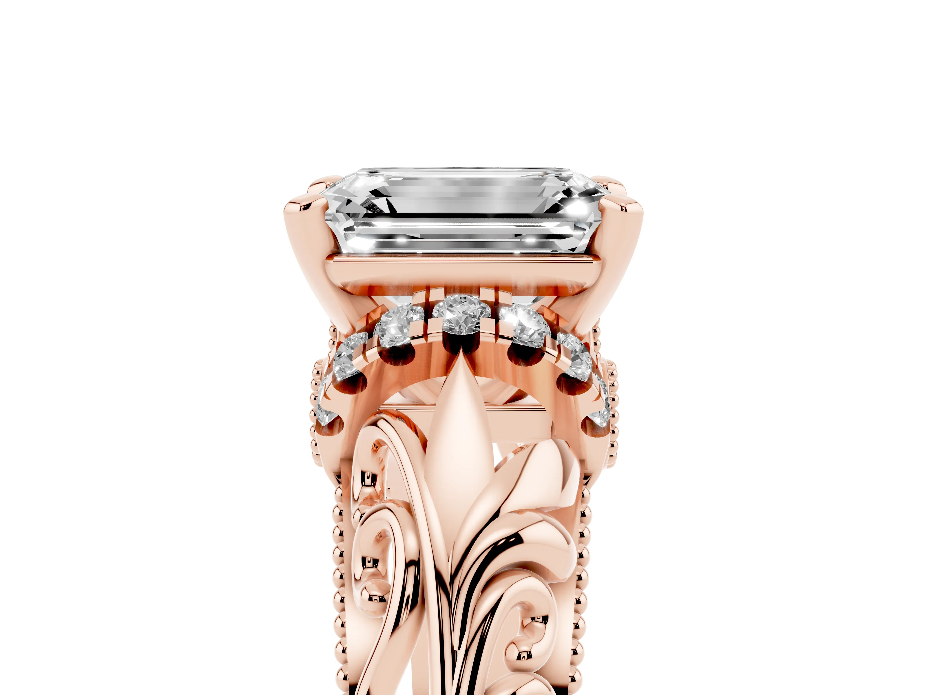 Emerald Cut Diamond Filigree Halo Engagement Ring Set in Rose gold with Prong Setting