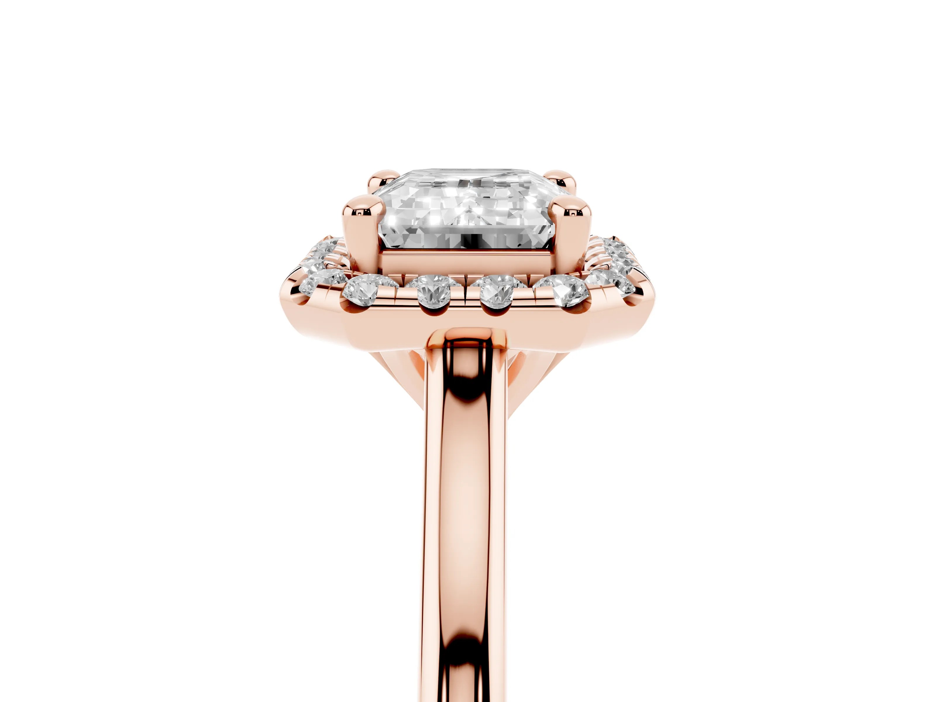 Emerald Cut Diamond Halo Engagement Ring Set in Rose gold with Pavé Band and Rising Shoulders