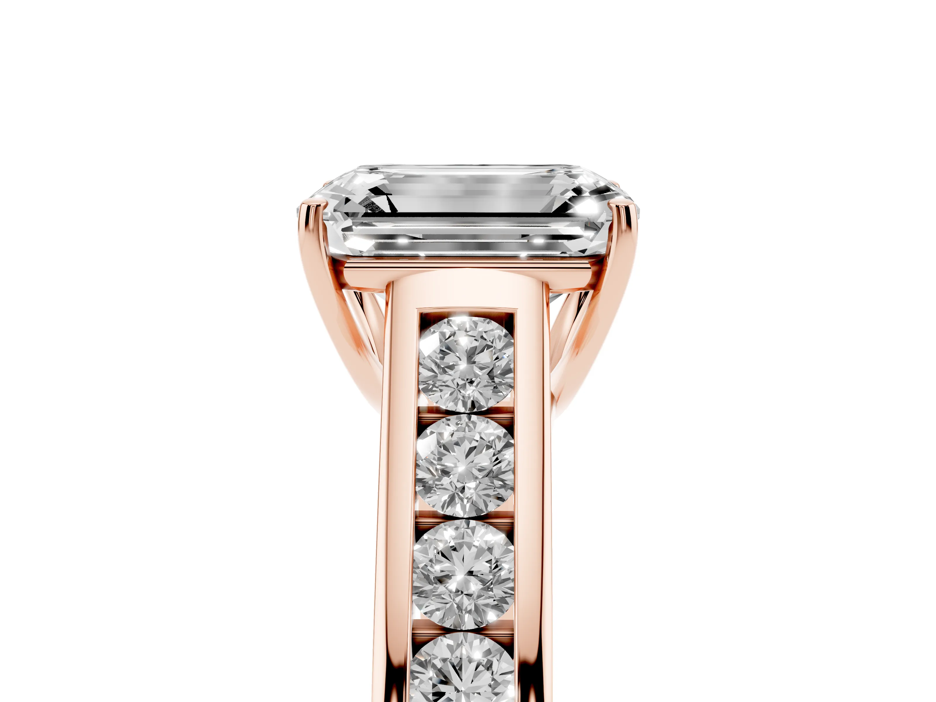 Emerald Cut Diamond Brilliant Channel-Set Solitaire Ring Set in Rose gold with Prong Setting