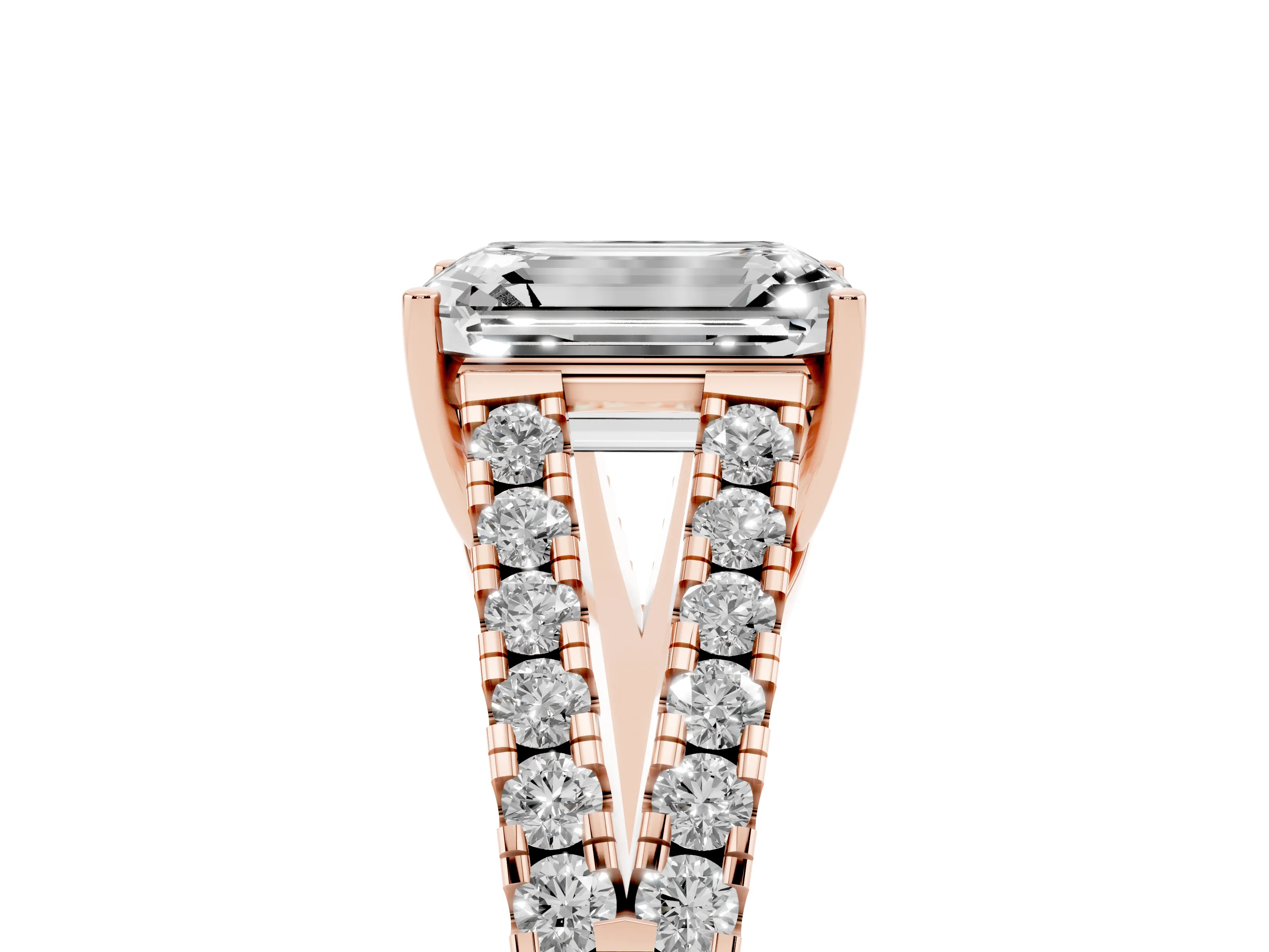 Emerald Cut Diamond Split Shank Pavé Engagement Ring Set in Rose gold with Prong-Held Center Stone