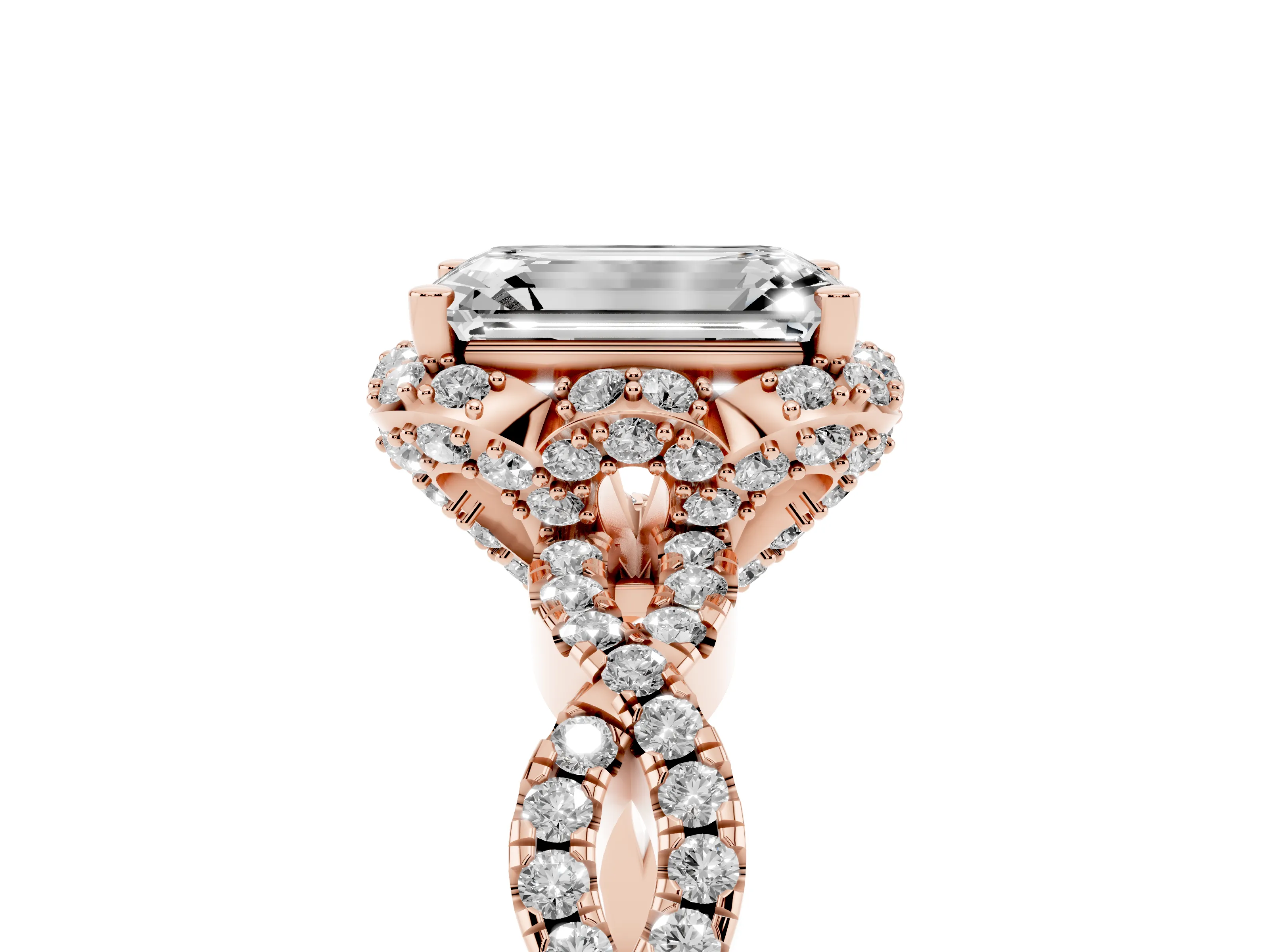 Emerald Cut Diamond Halo Twist Band Solitaire Ring Set in Rose gold with Prong-Set Center Stone