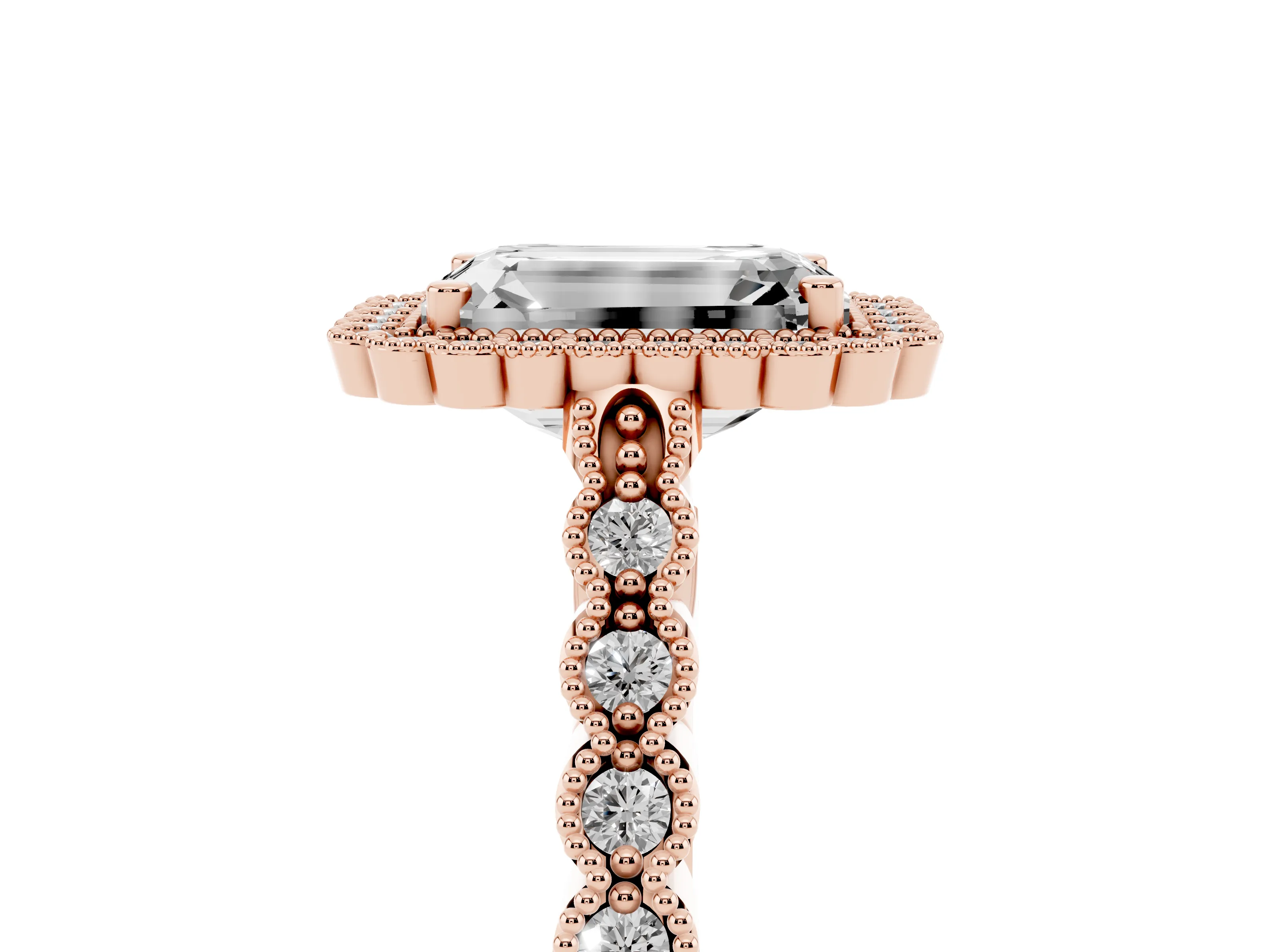 Emerald Cut Diamond Halo Ring Set in Rose gold with Pavé Milgrain Band