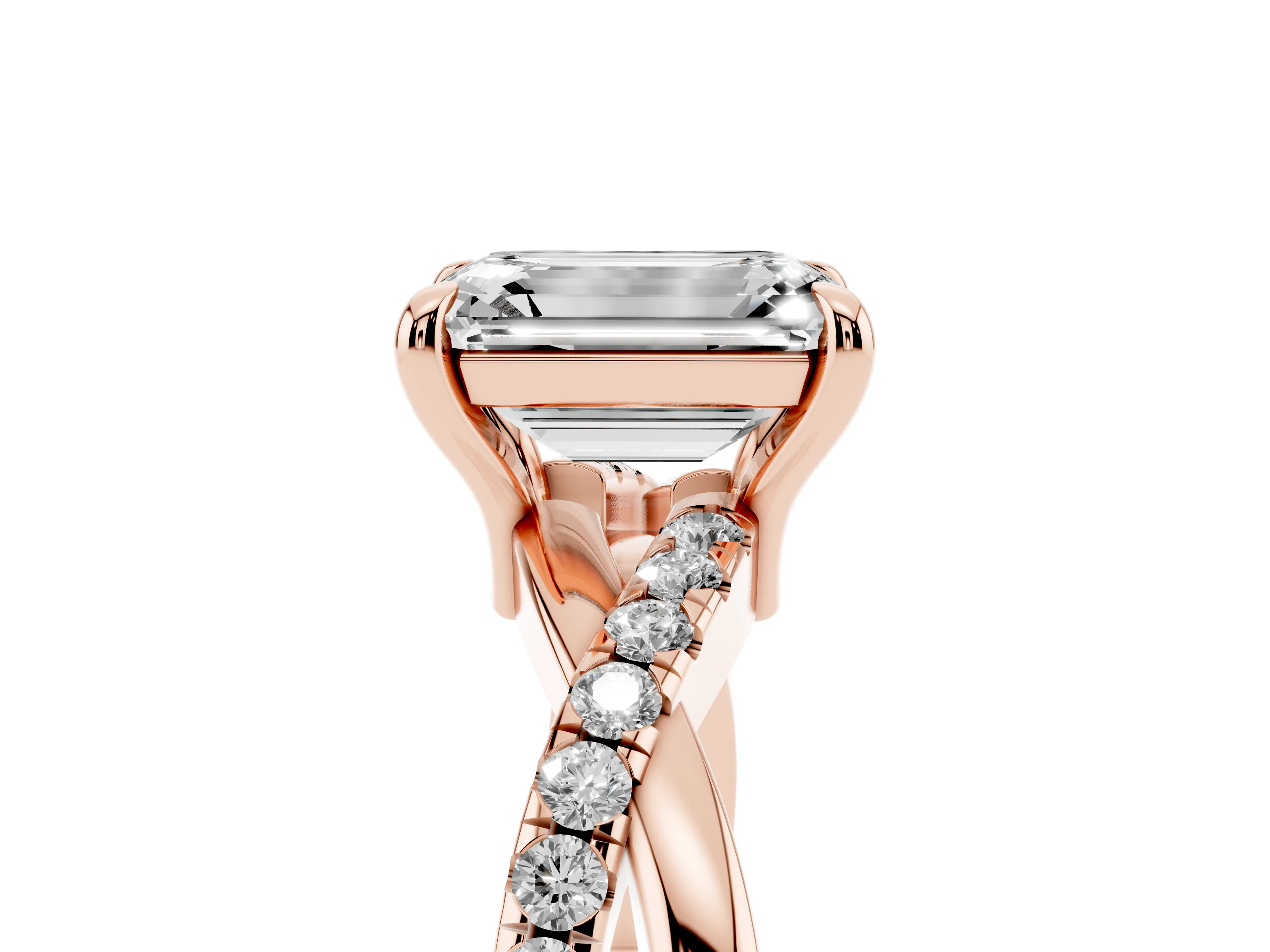 Emerald Cut Diamond Twist Band Solitaire Set in Rose gold with Pavé Accents and Prong Setting