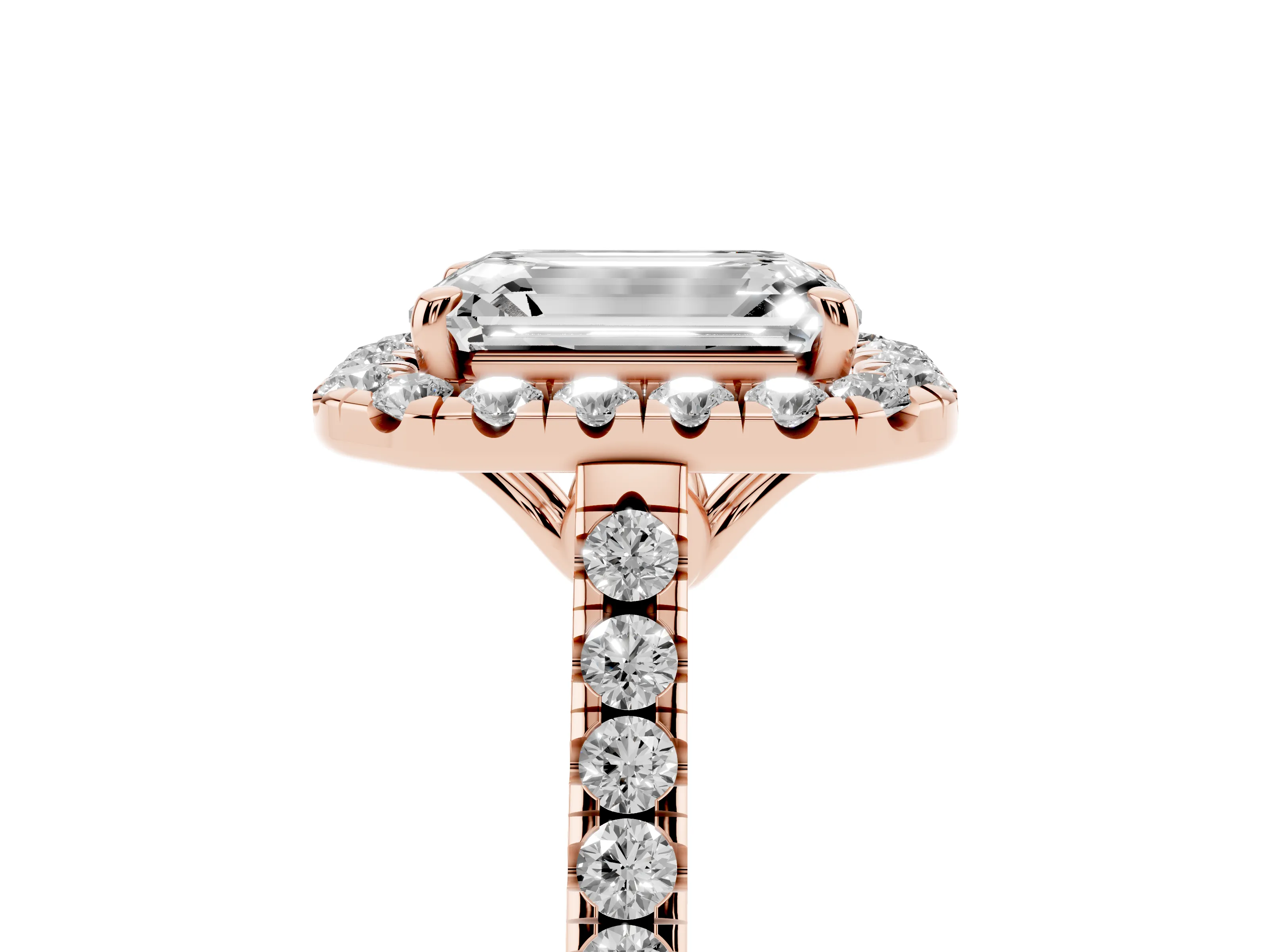 Emerald Cut Diamond Pavé Halo Engagement Ring Set in Rose gold with Pavé Band and Prong Setting