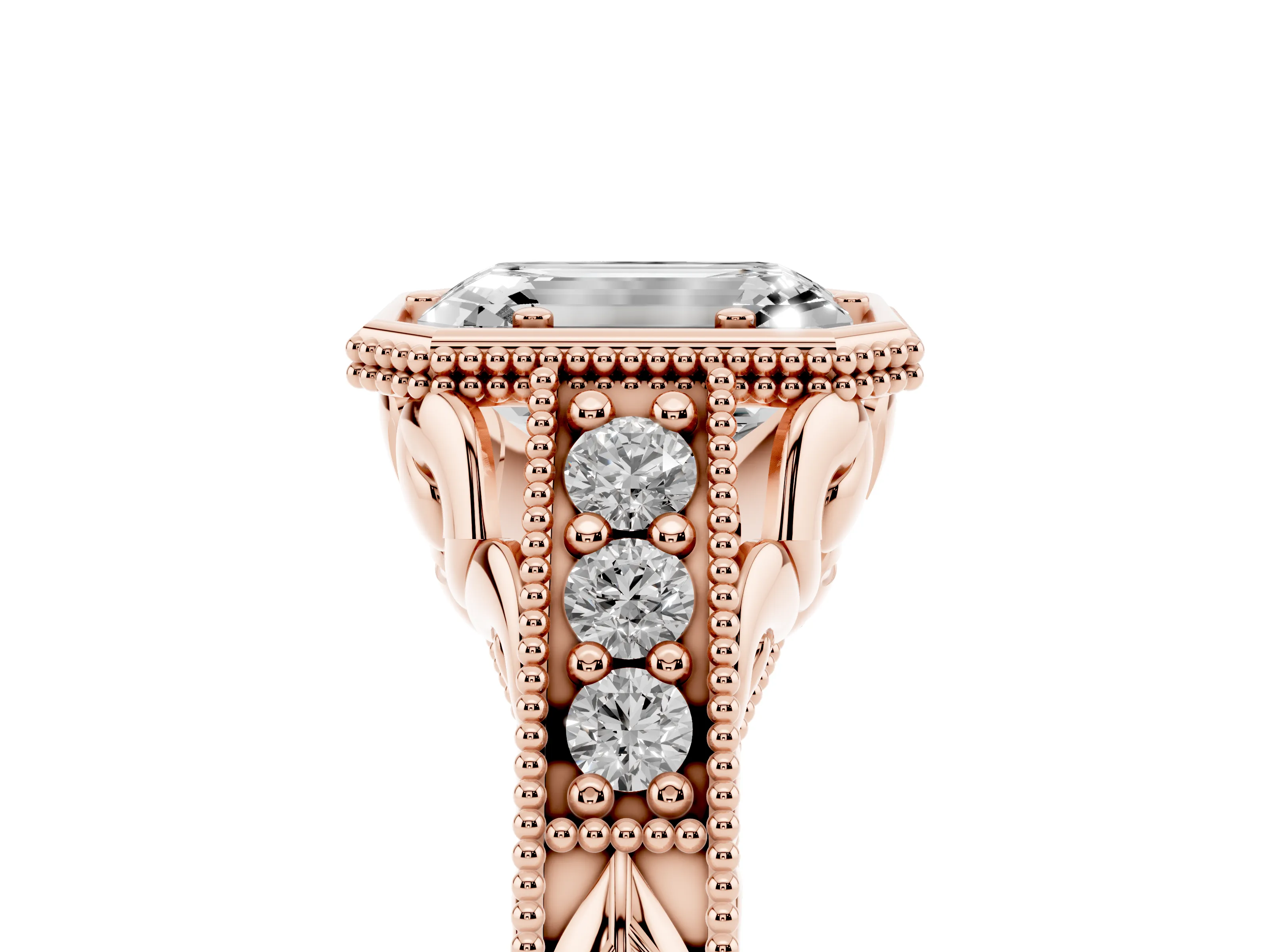 Bezel Set Emerald Cut Diamond Milgrain Pavé Engagement Ring Set in Rose gold