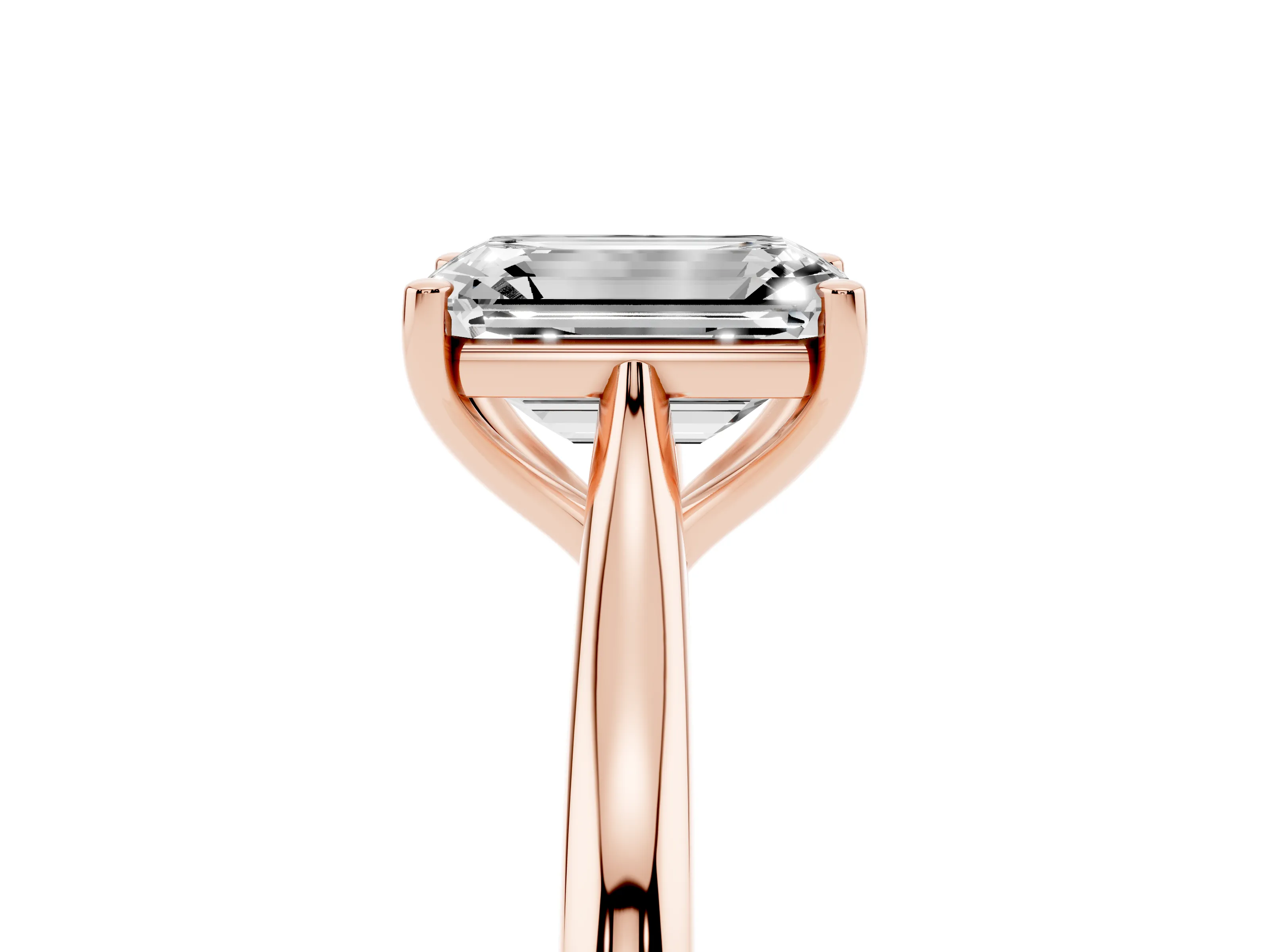 Emerald Cut Diamond Solitaire Ring Set in Rose gold with Cathedral Band and Prong Setting