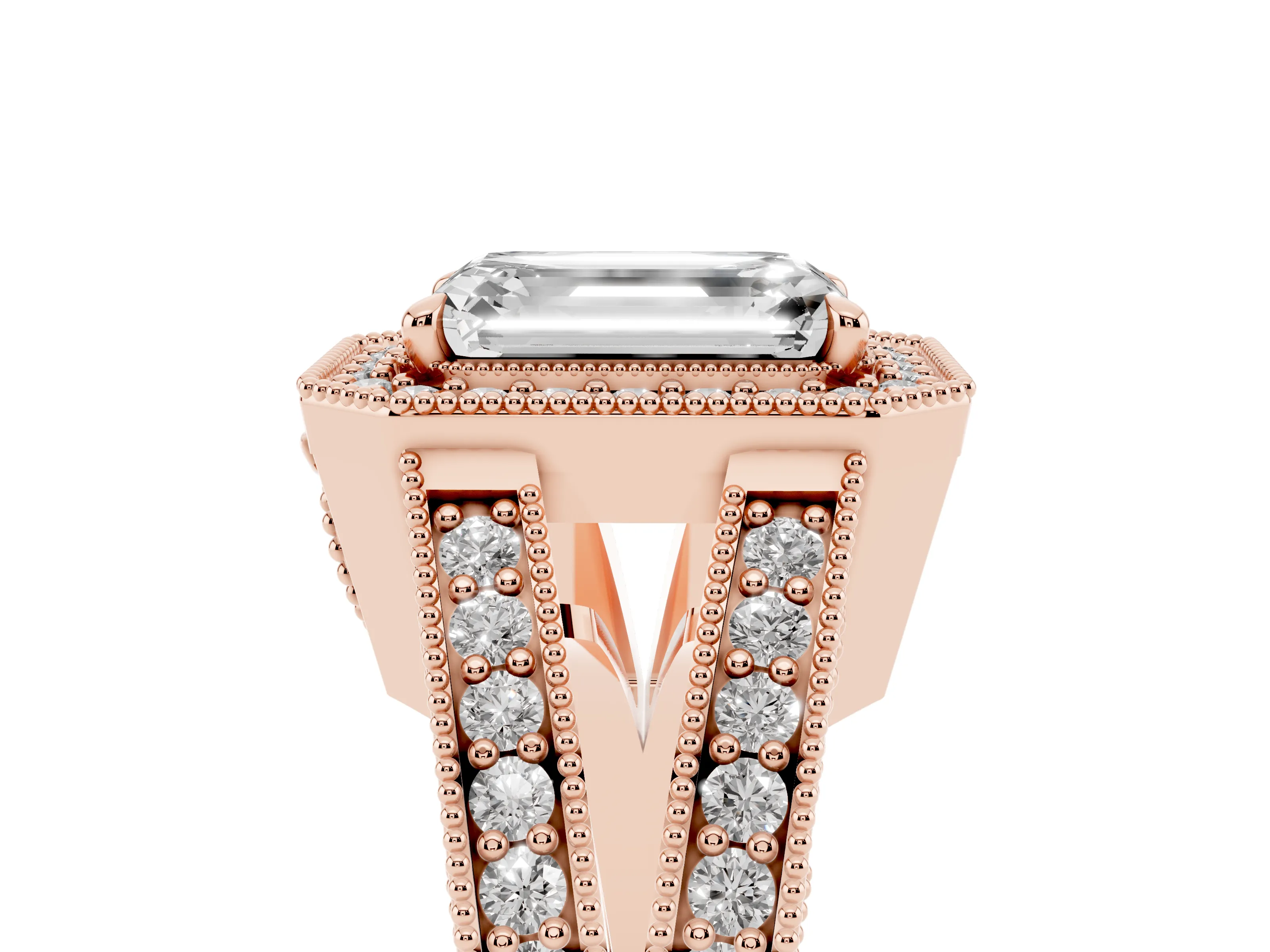 Emerald Cut Diamond Halo Ring Set in Rose gold with Stone-Set Split Shank and Milgrain Edges
