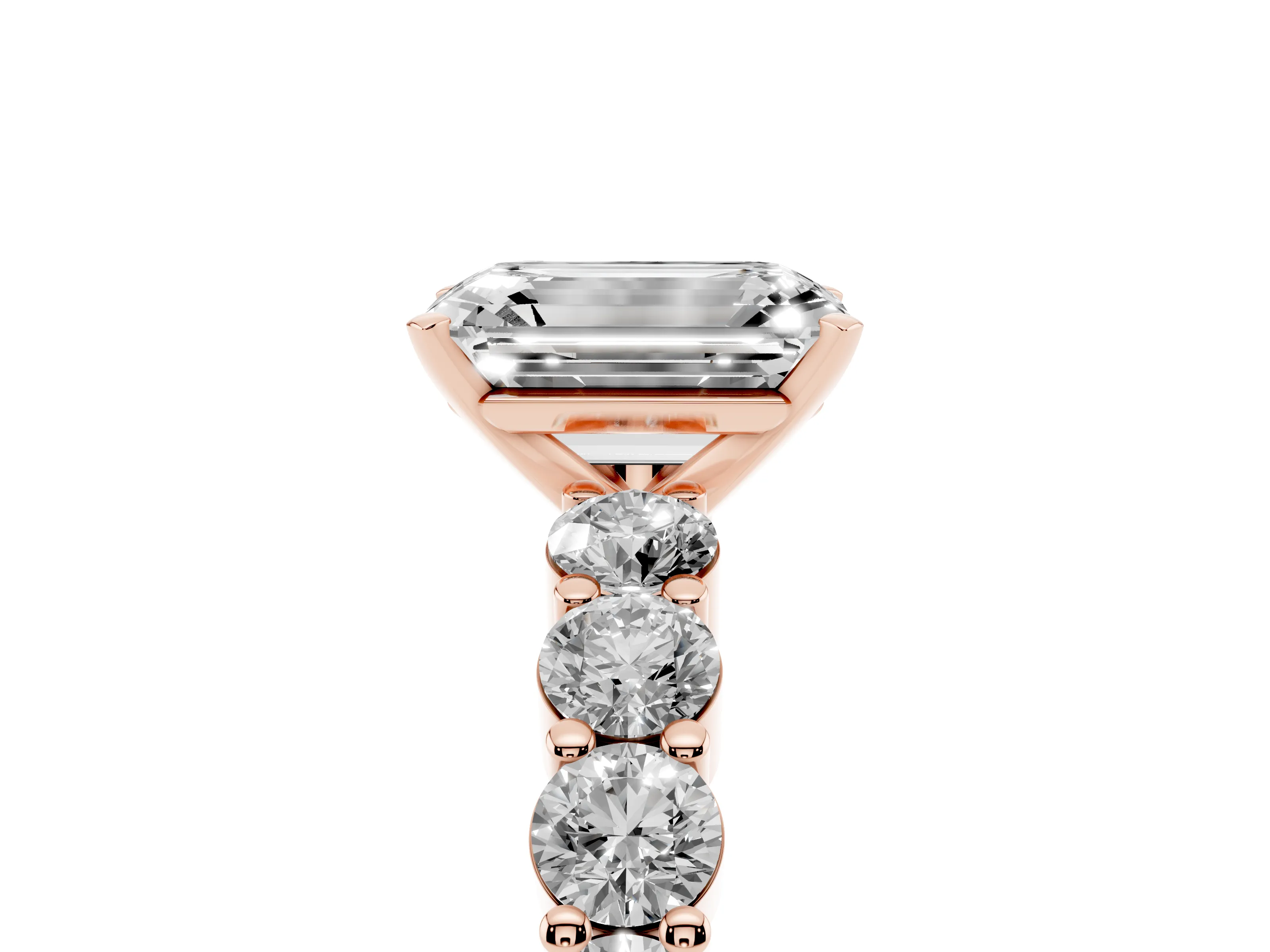 Emerald Cut Diamond Solitaire Ring Set in Rose gold with Shared Prong Round Side Stones