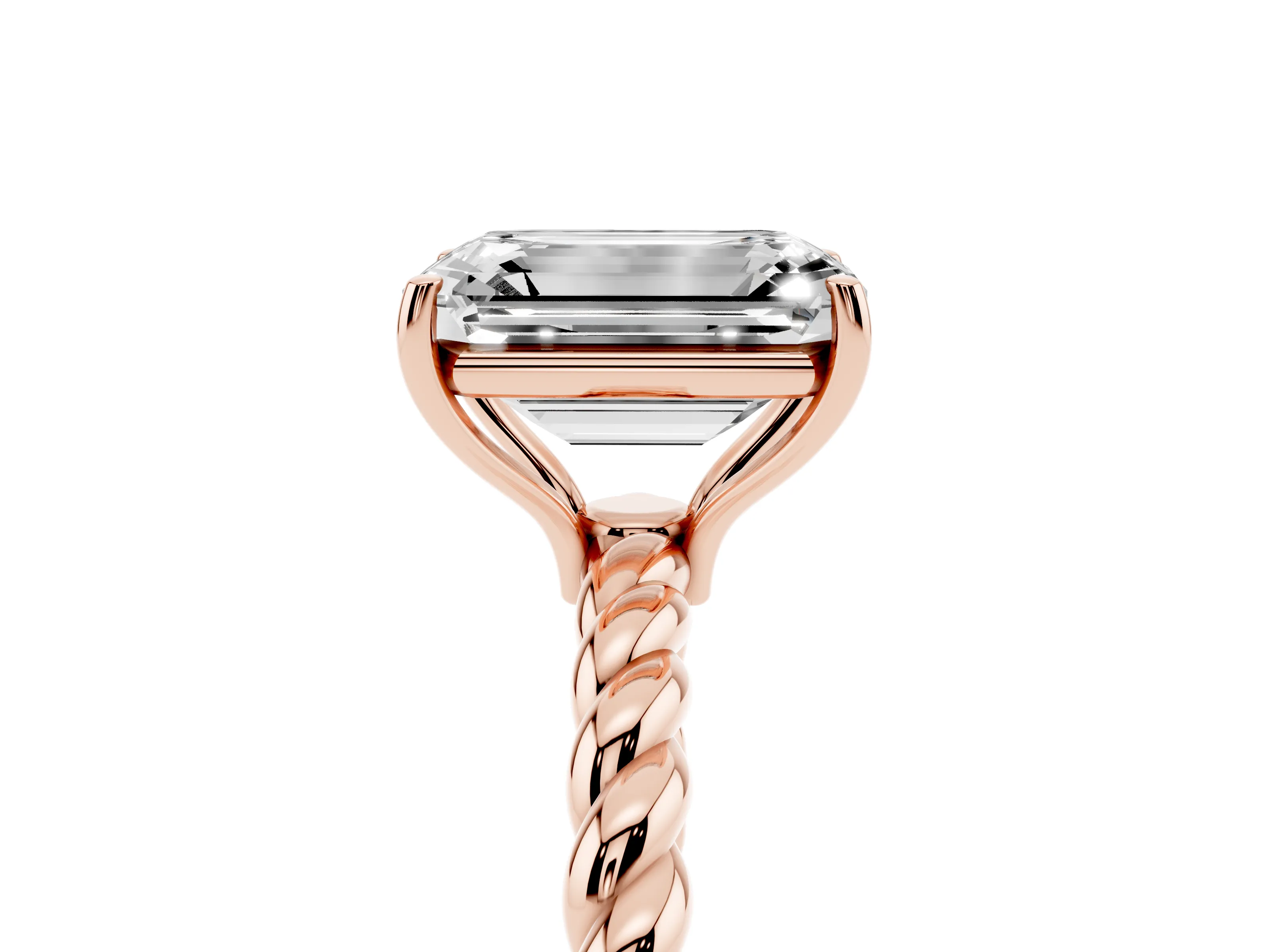 Emerald Cut Diamond Solitaire Ring Set in Rose gold with Twist Band and Prong Setting