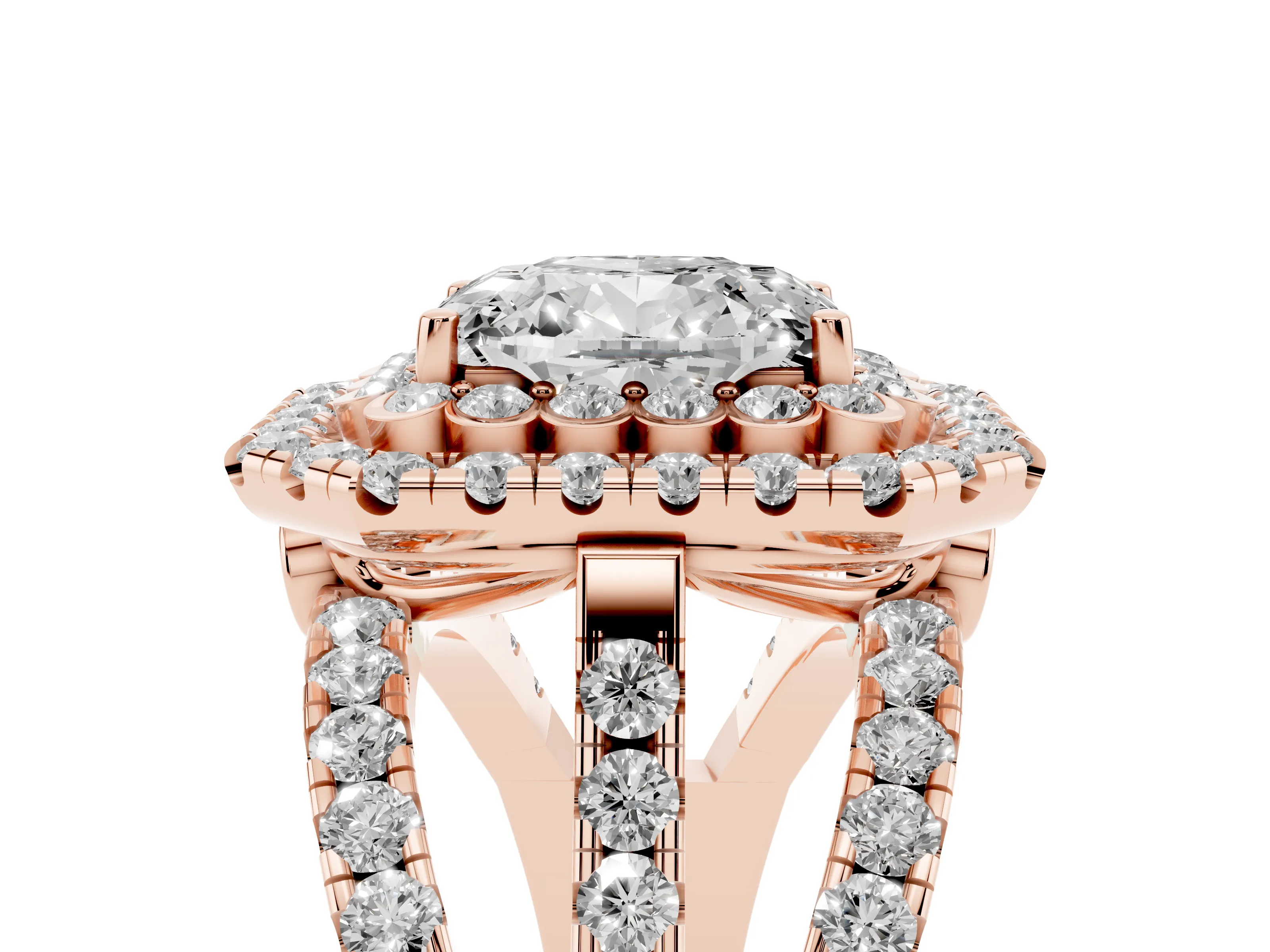 Emerald Cut Diamond Double Halo Ring Set in Rose gold with Round Pavé Split Shank
