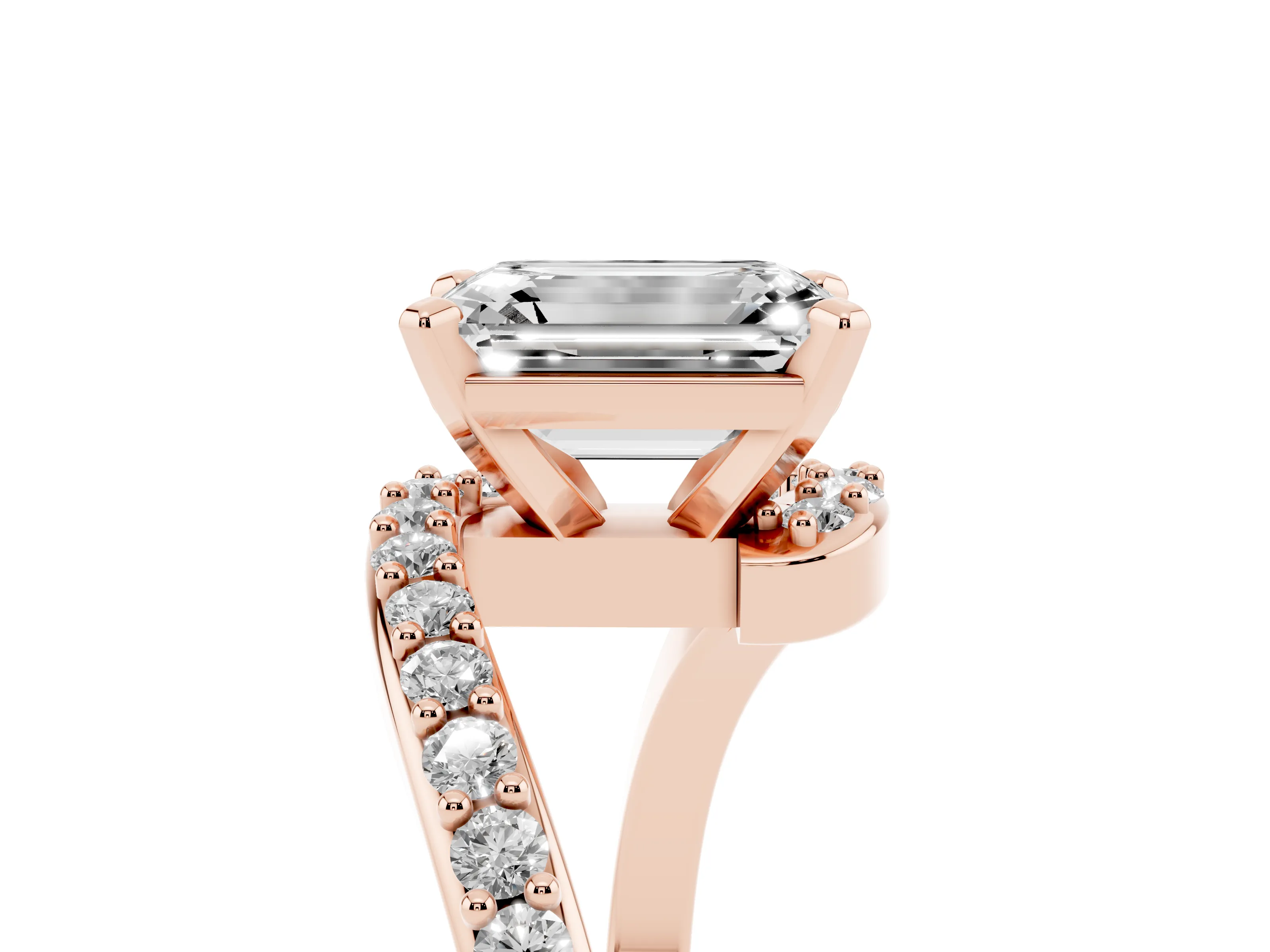Emerald Cut Diamond Solitaire Ring Set in Rose gold with Pavé Twist Band and Prong Setting