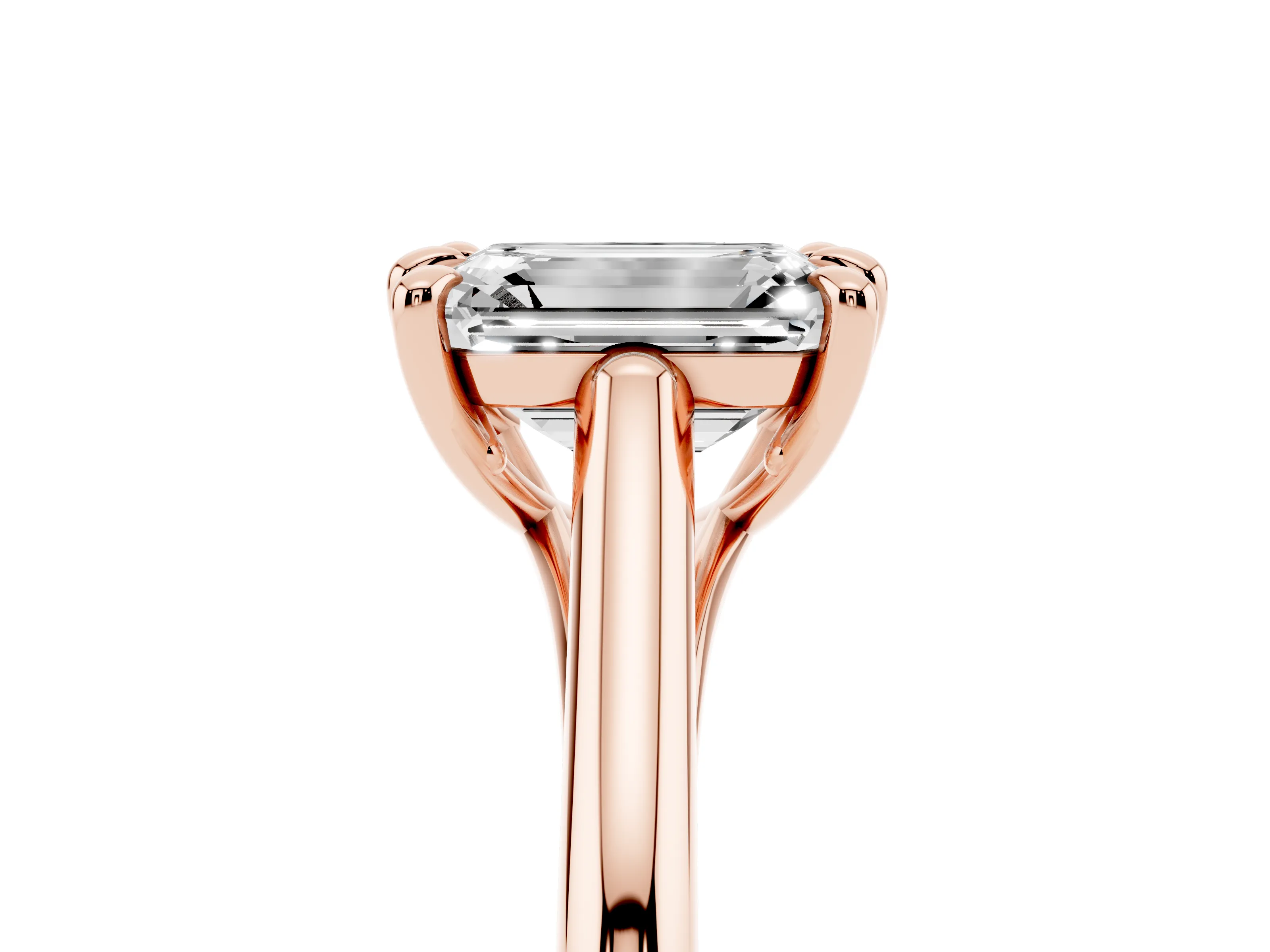Emerald Cut Diamond Solitaire Engagement Ring Set in Rose gold with Prong Setting and Plain Classic Band