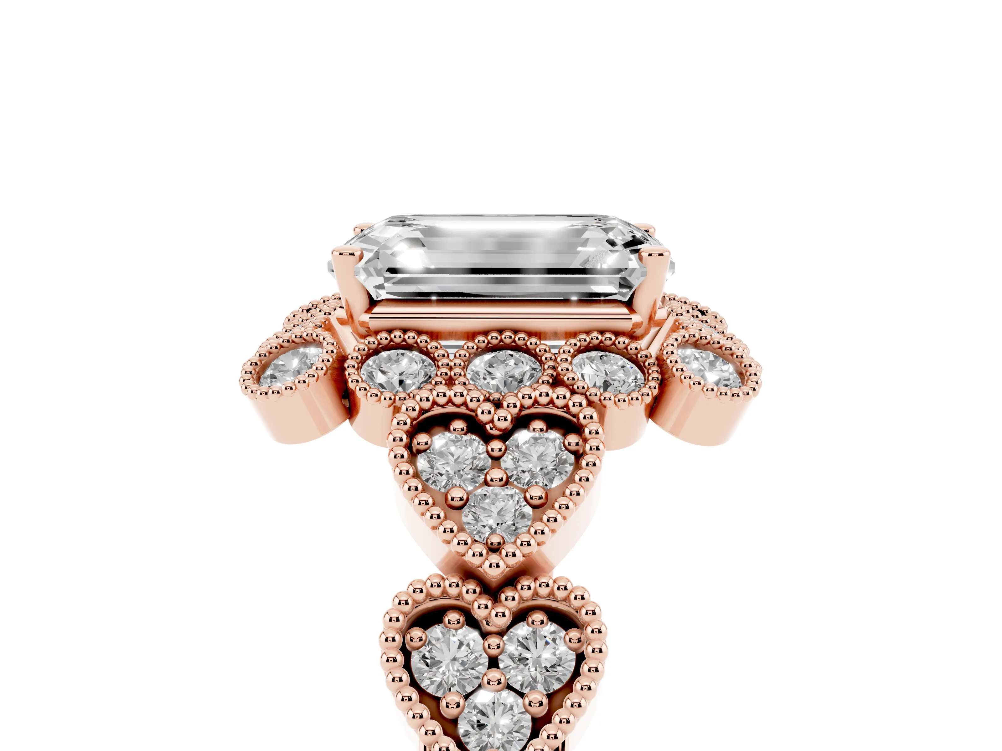 Emerald Cut Diamond Solitaire Ring Set in Rose gold with Milgrain Pavé Heart Band