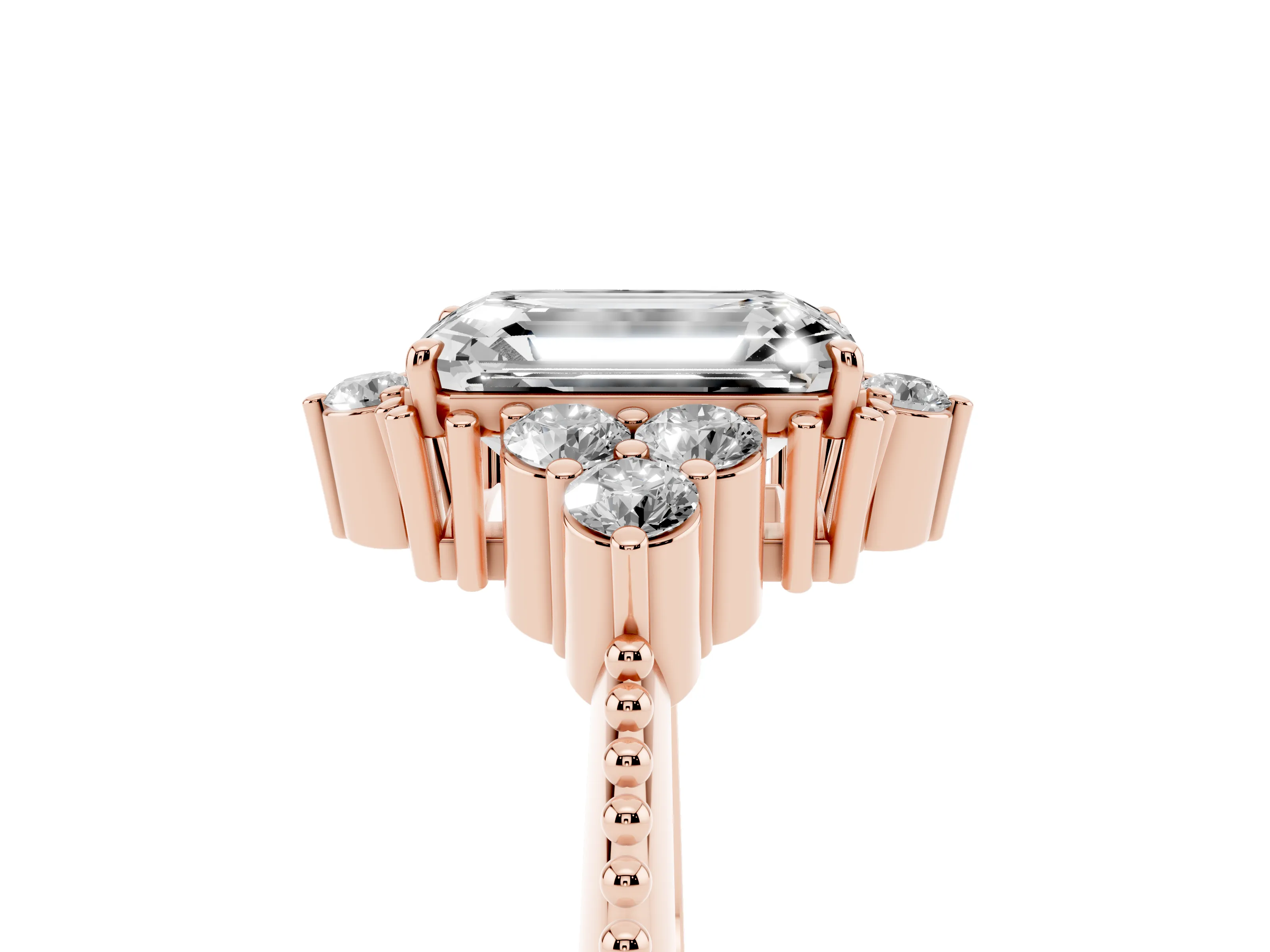 Emerald Cut Diamond Cluster Ring Set in Rose gold with Beaded Band
